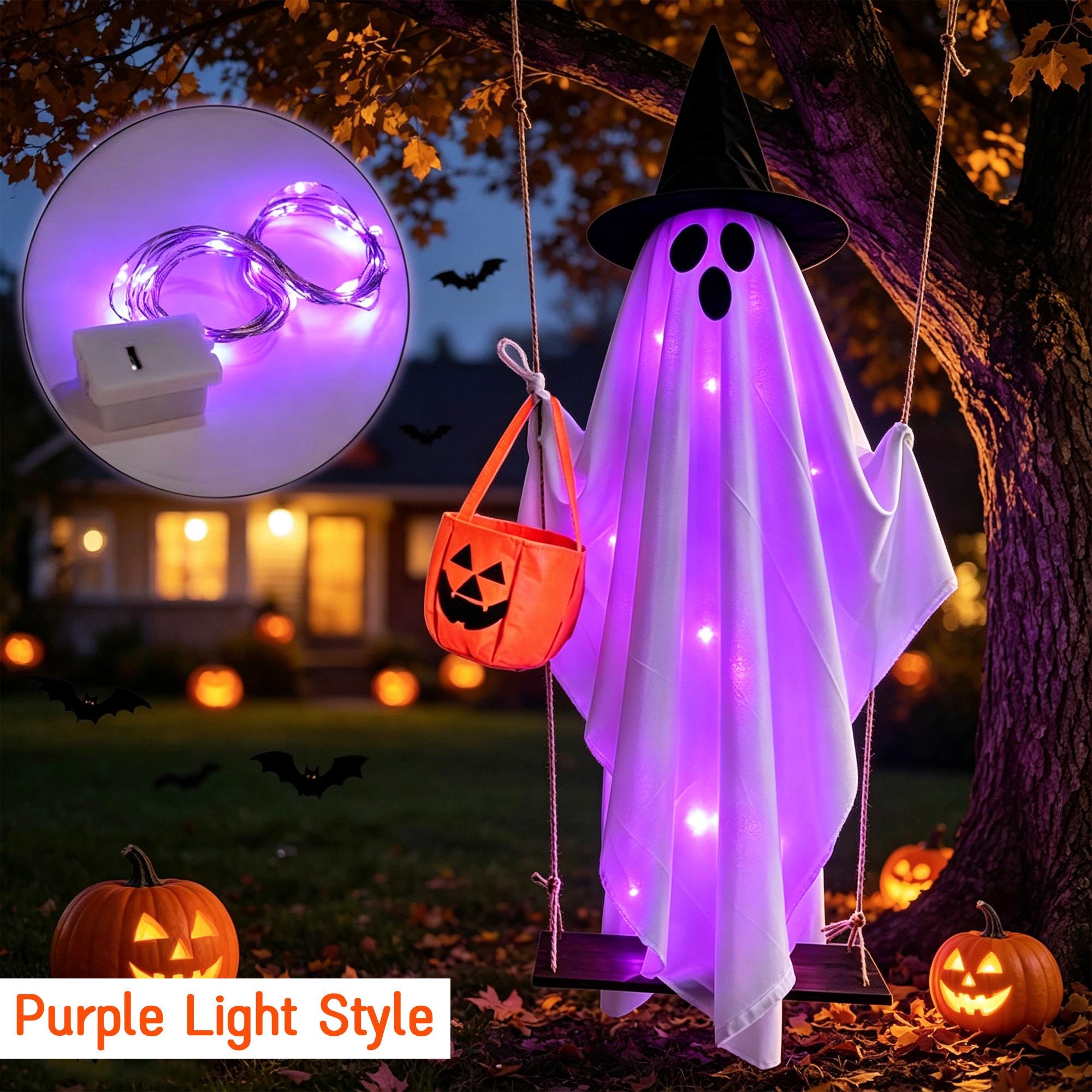 Halloween Swing Ghost Decor with Witch Hat & Pumpkin Candy Bag, Battery Powered Glowing Ghost Hanging Ornament for Yard Porch Party