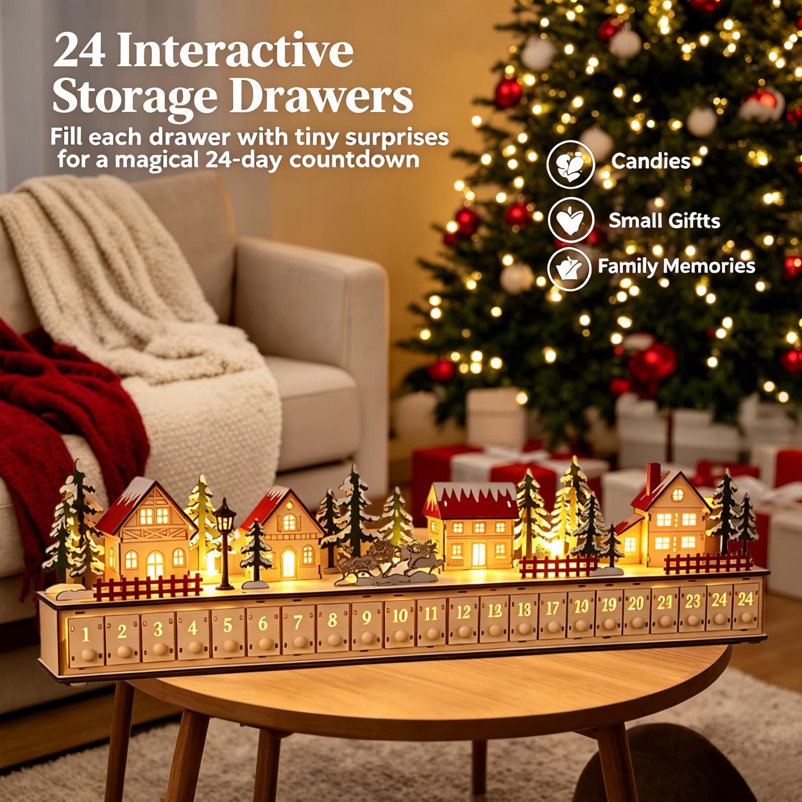 24-Day Christmas Advent Calendar – Wooden Winter Village Countdown Display