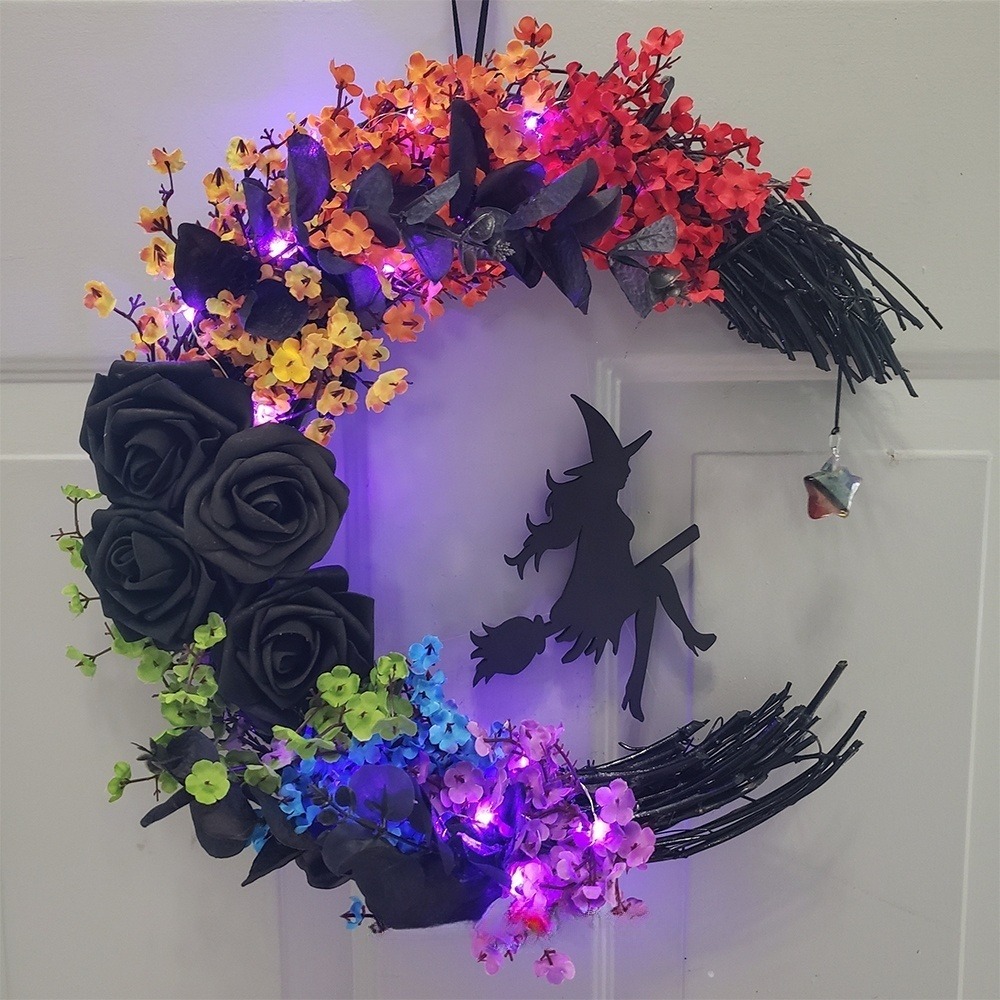 Gothic Black Cat Crescent Moon Wreath with LED Lights – Halloween Wall Decoration