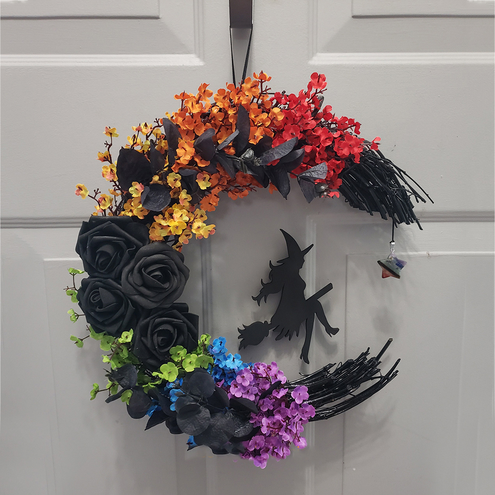 Gothic Black Cat Crescent Moon Wreath with LED Lights – Halloween Wall Decoration
