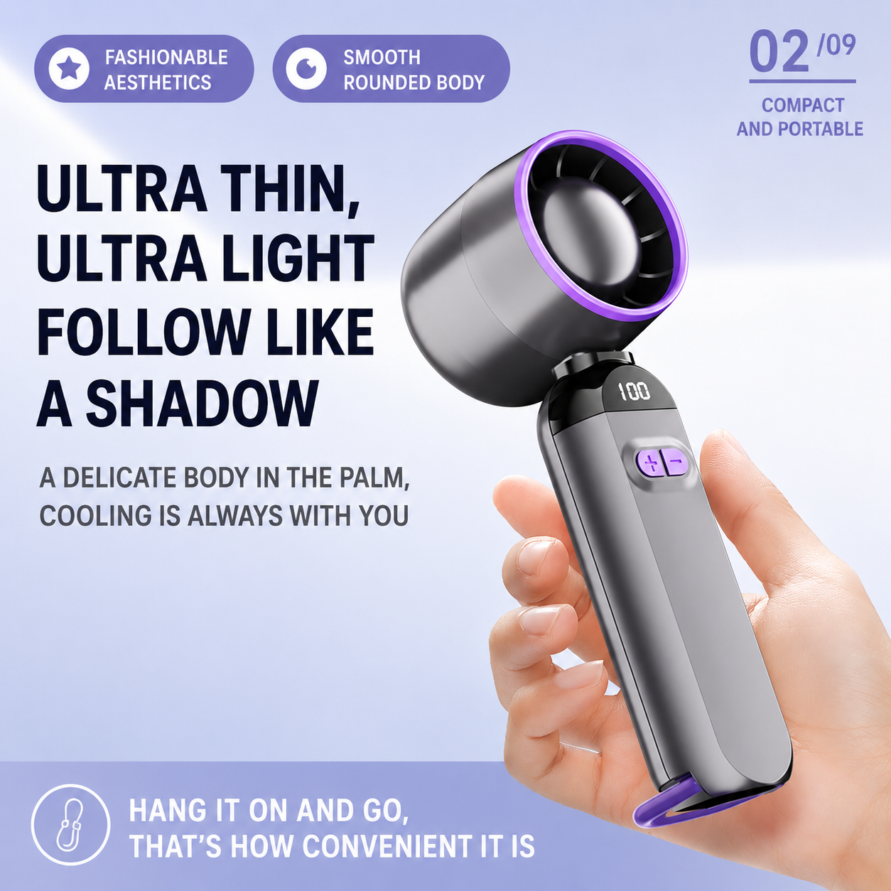 Handheld Turbo Fan, 100-Speed Adjustable with Semiconductor Cooling, USB Rechargeable Portable Fan with Digital Display & Lanyard, Black