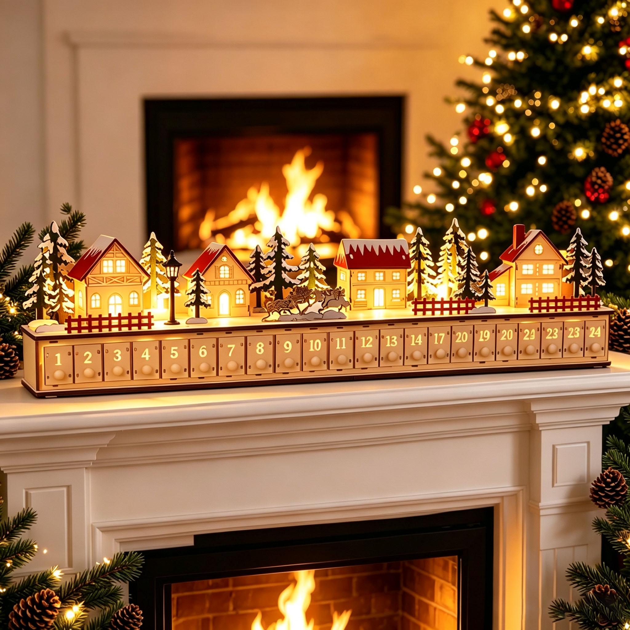 24-Day Christmas Advent Calendar – Wooden Winter Village Countdown Display