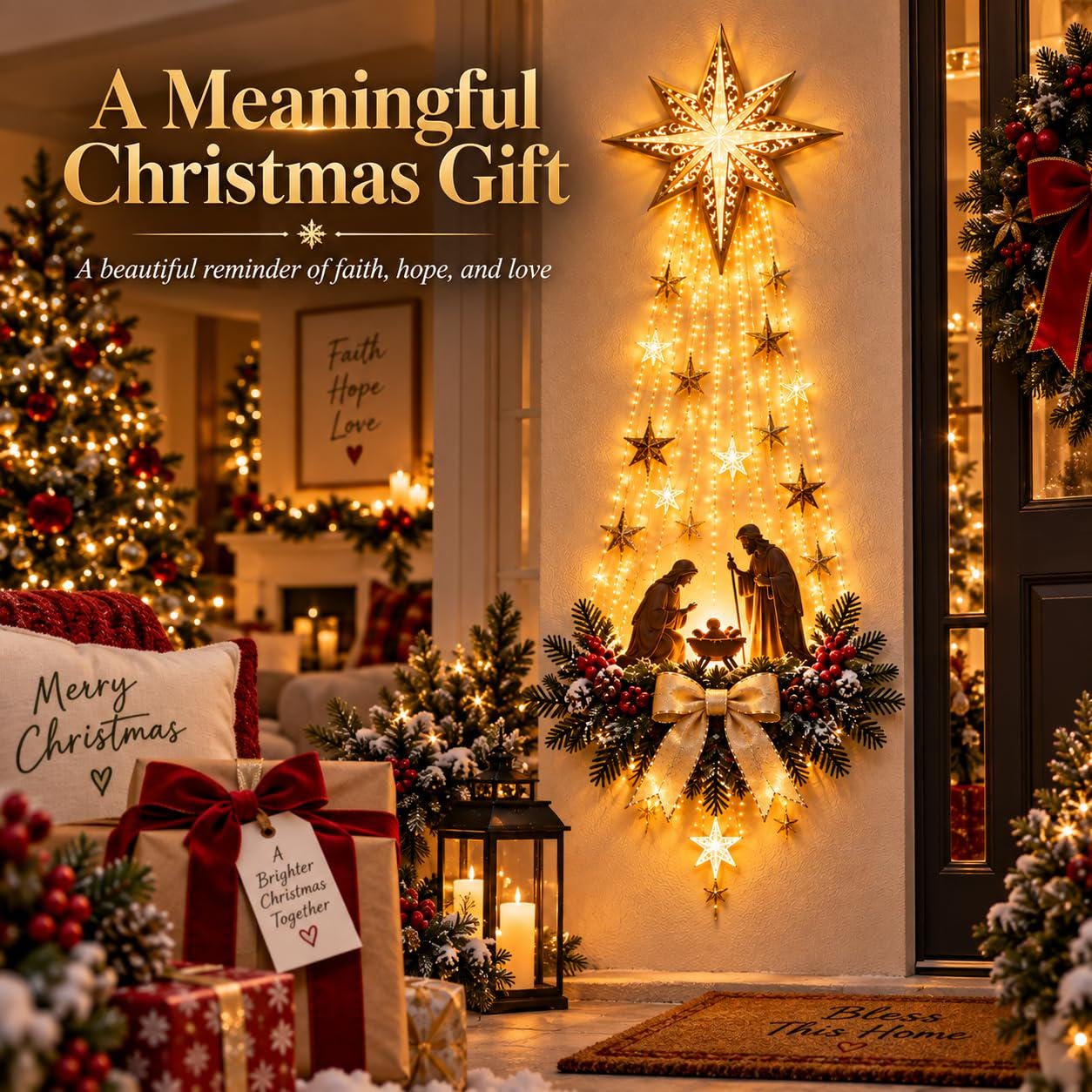 Christmas Nativity Tree Wall Hanging Light – Illuminated Angel & Star Holiday Decoration