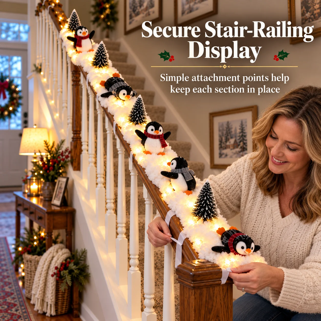 Christmas Penguin Staircase Garland with Warm LED Lights – 5-Piece Snowy Holiday Stair Decor