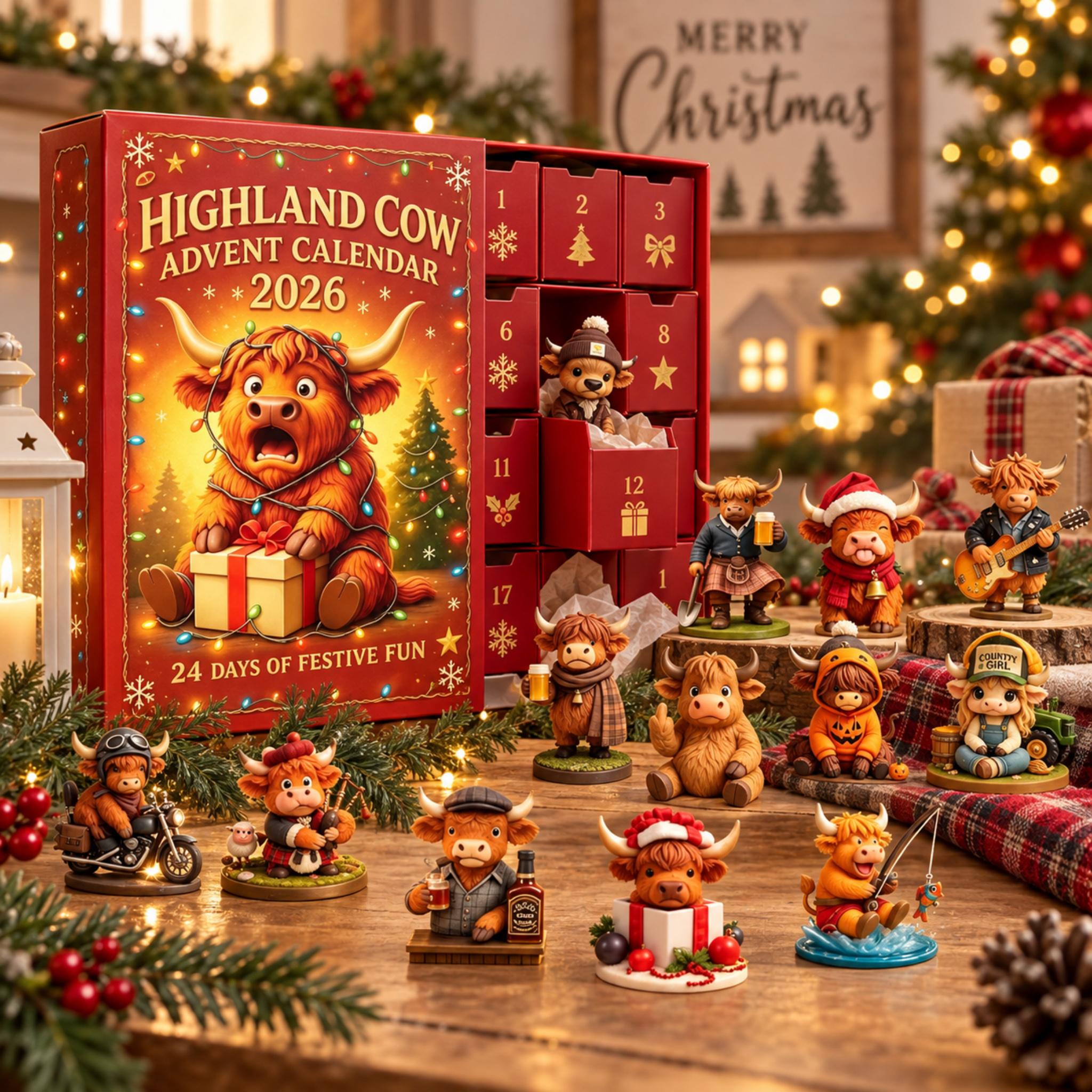 Highland Cow Advent Calendar 2026 – 24 Days of Christmas Mini Figurine Surprises
