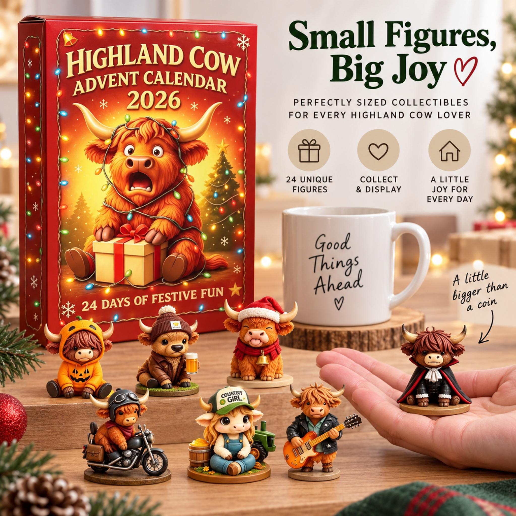 Highland Cow Advent Calendar 2026 – 24 Days of Christmas Mini Figurine Surprises