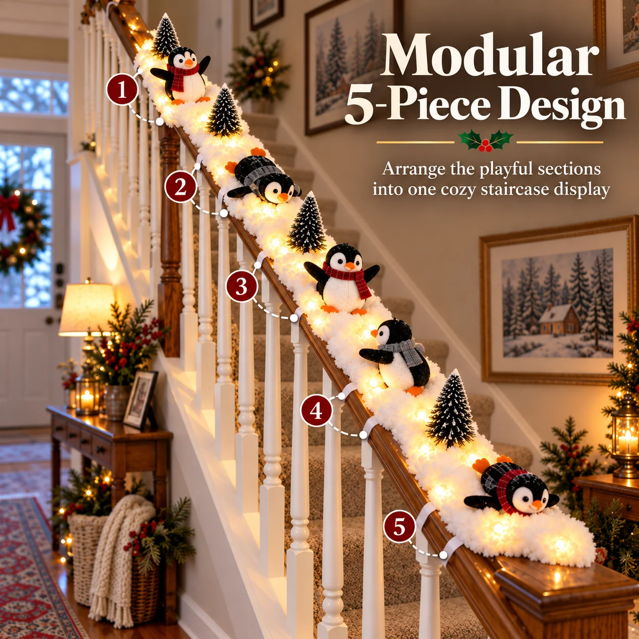 Christmas Penguin Staircase Garland with Warm LED Lights – 5-Piece Snowy Holiday Stair Decor