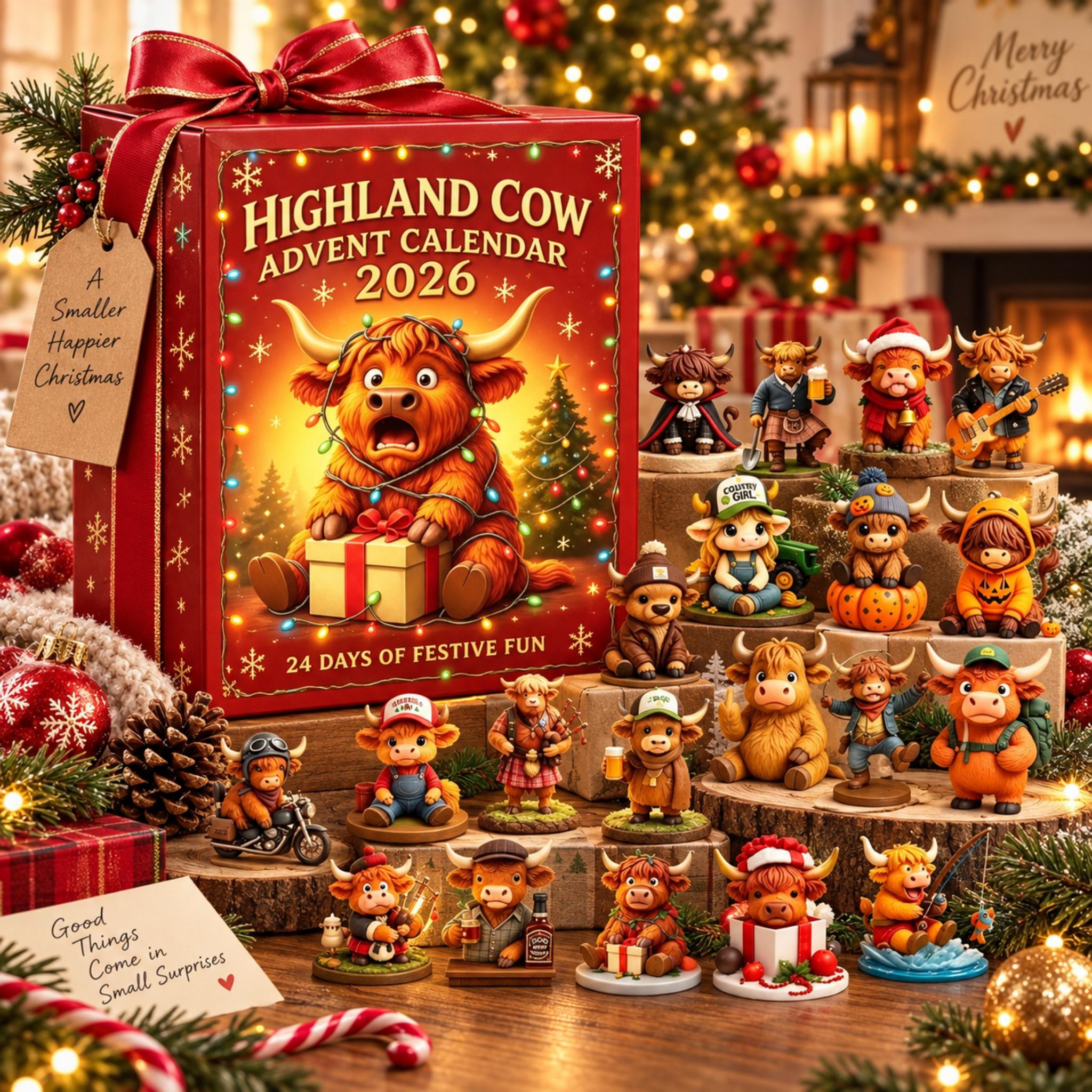 Highland Cow Advent Calendar 2026 – 24 Days of Christmas Mini Figurine Surprises