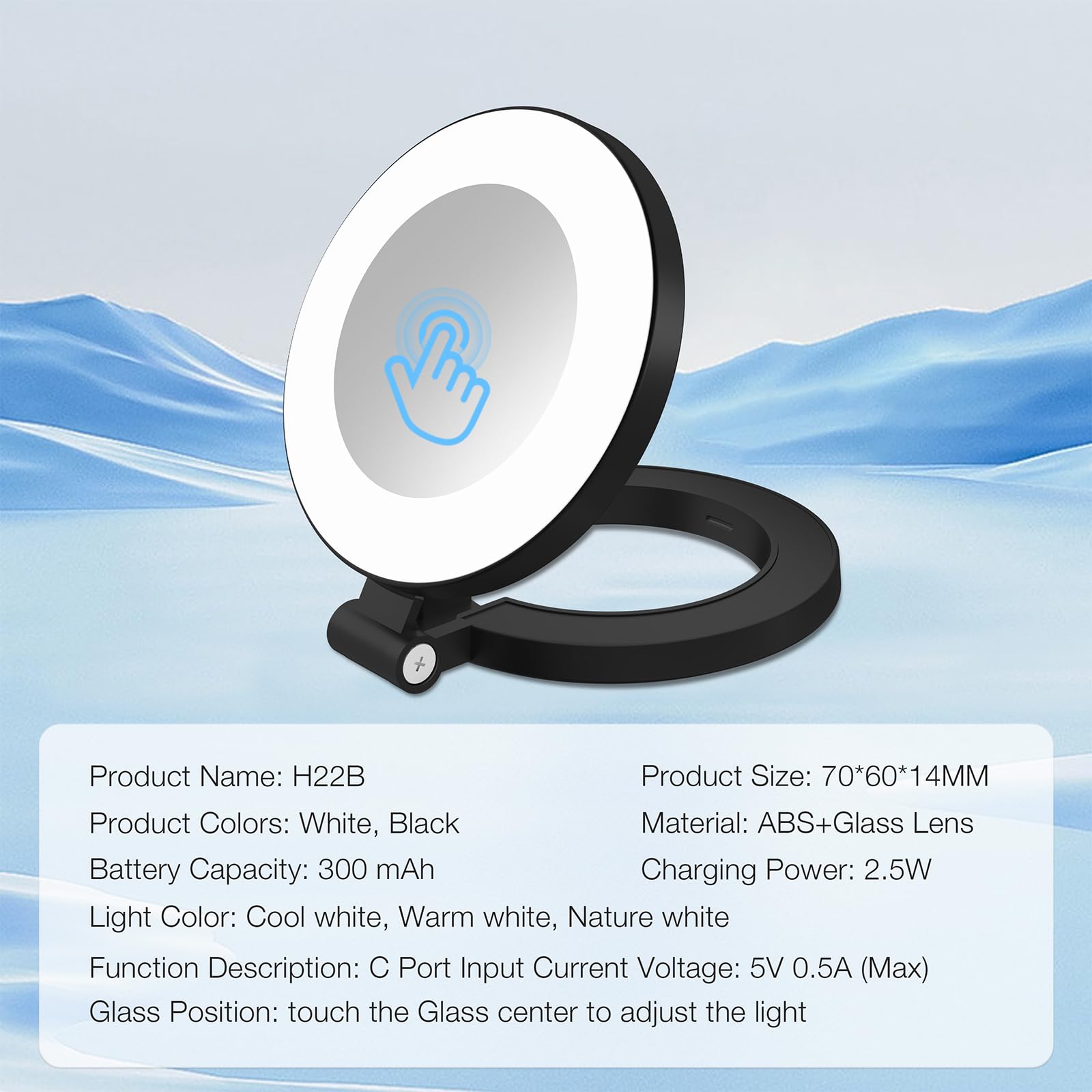 Rechargeable Travel Makeup Mirror with Light, 3 Color Lighting Double Sided Compact Mirror