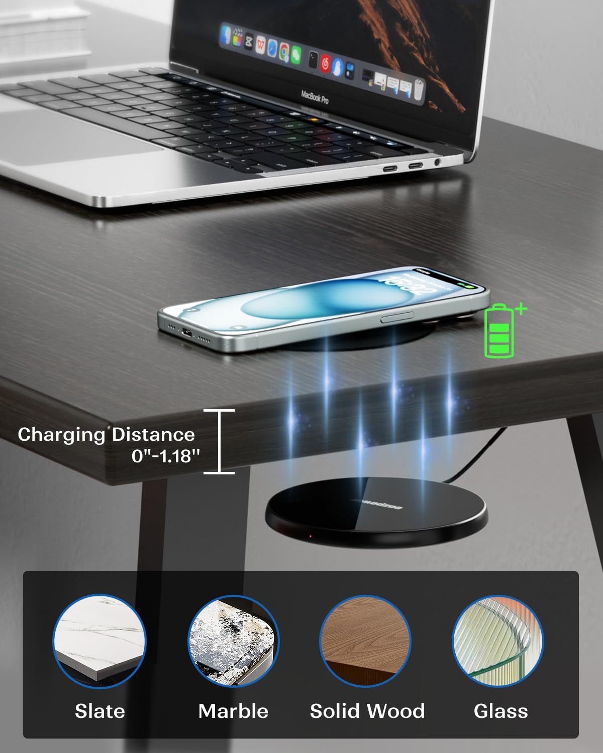 Under Desk Wireless Charger, Invisible Built-in 15W Fast Wireless Charging Pad