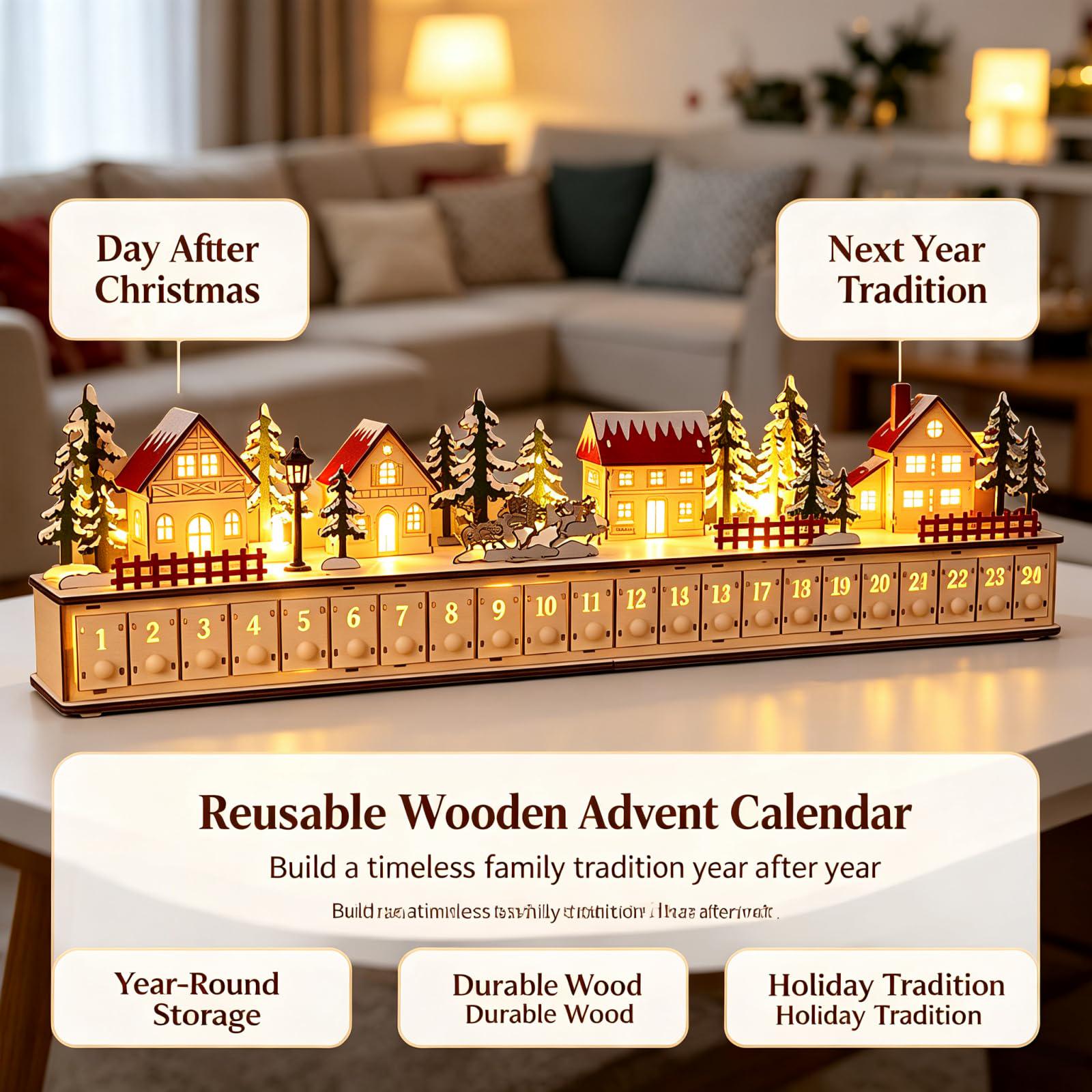 24-Day Christmas Advent Calendar – Wooden Winter Village Countdown Display