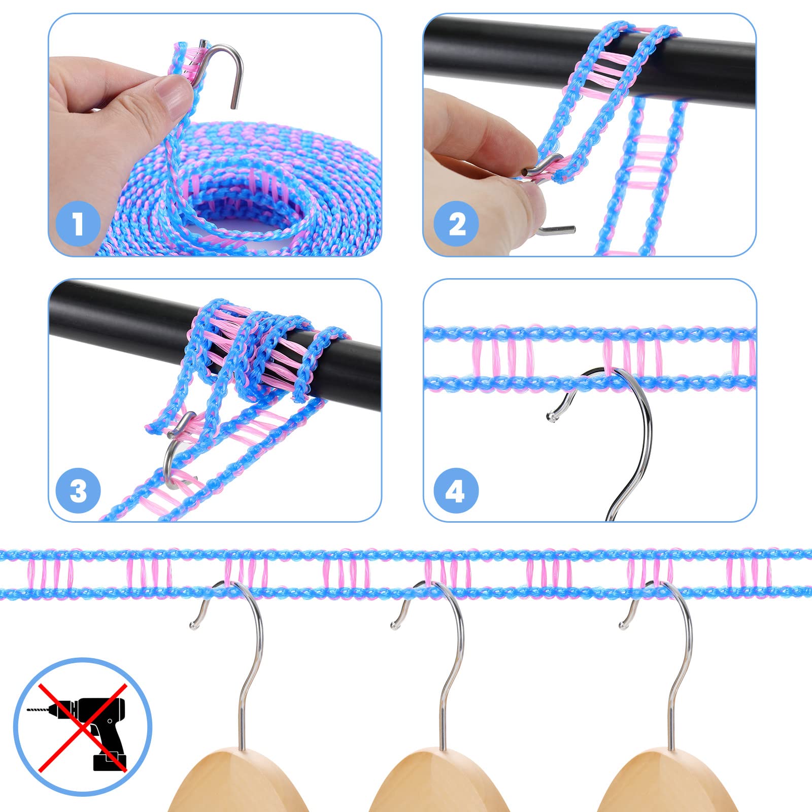 Anti Slip Clothesline Rope with Hooks, Outdoor Laundry Drying Line