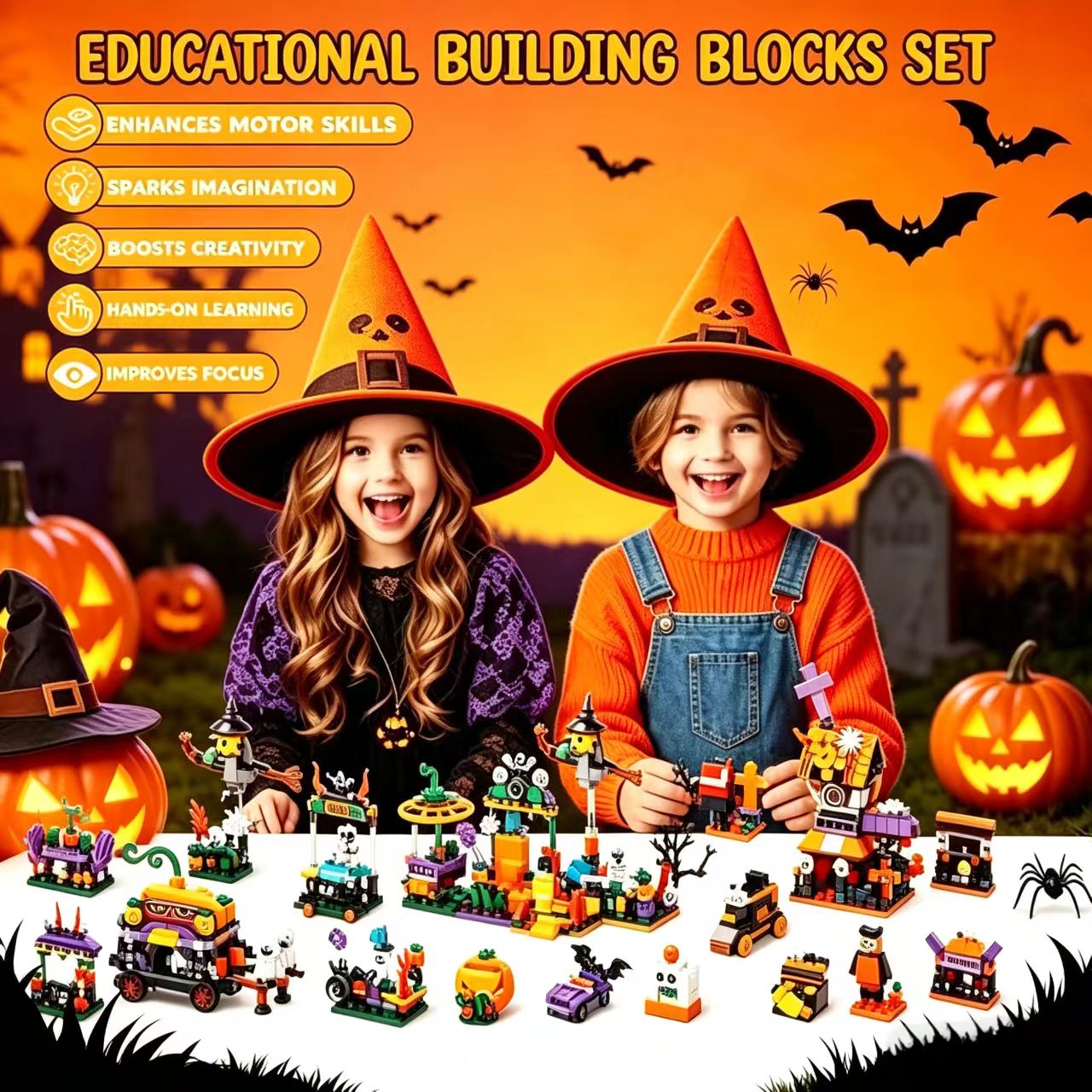 Halloween Building Blocks Set, 24 in 1 Spooky Pumpkin Ghost House Bricks Kit, Creative STEM Construction Toy for Kids, Halloween Party Favors Home Decor Holiday Gift
