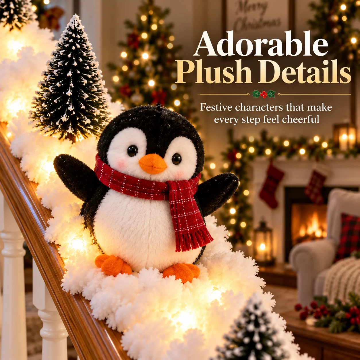 Christmas Penguin Staircase Garland with Warm LED Lights – 5-Piece Snowy Holiday Stair Decor