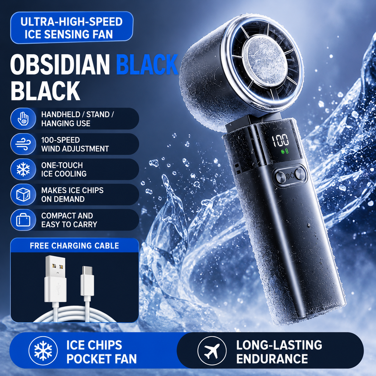 Handheld Turbo Fan, 100-Speed Adjustable with Semiconductor Cooling, USB Rechargeable Portable Fan with Digital Display & Lanyard, Black