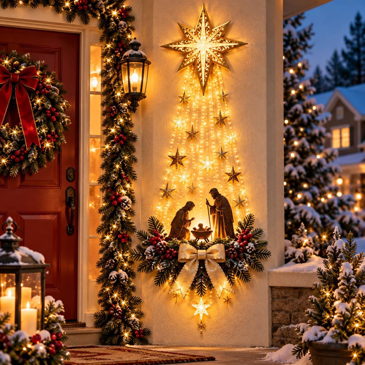 Christmas Nativity Tree Wall Hanging Light – Illuminated Angel & Star Holiday Decoration