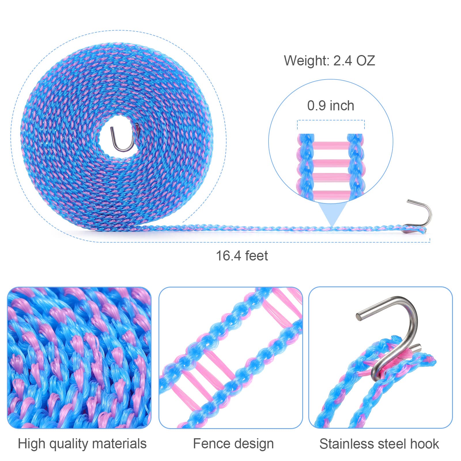 Anti Slip Clothesline Rope with Hooks, Outdoor Laundry Drying Line