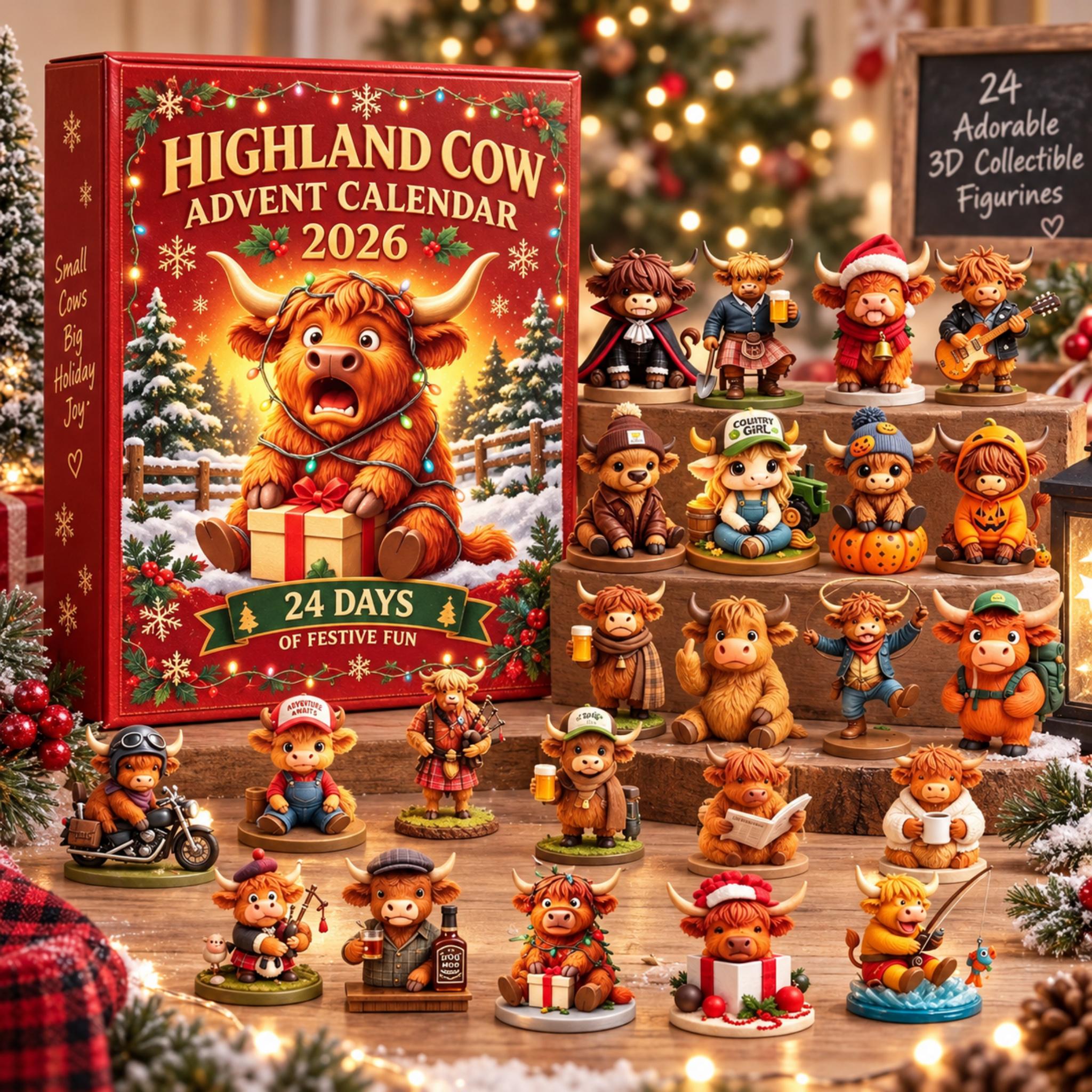 Highland Cow Advent Calendar 2026 – 24 Days of Christmas Mini Figurine Surprises