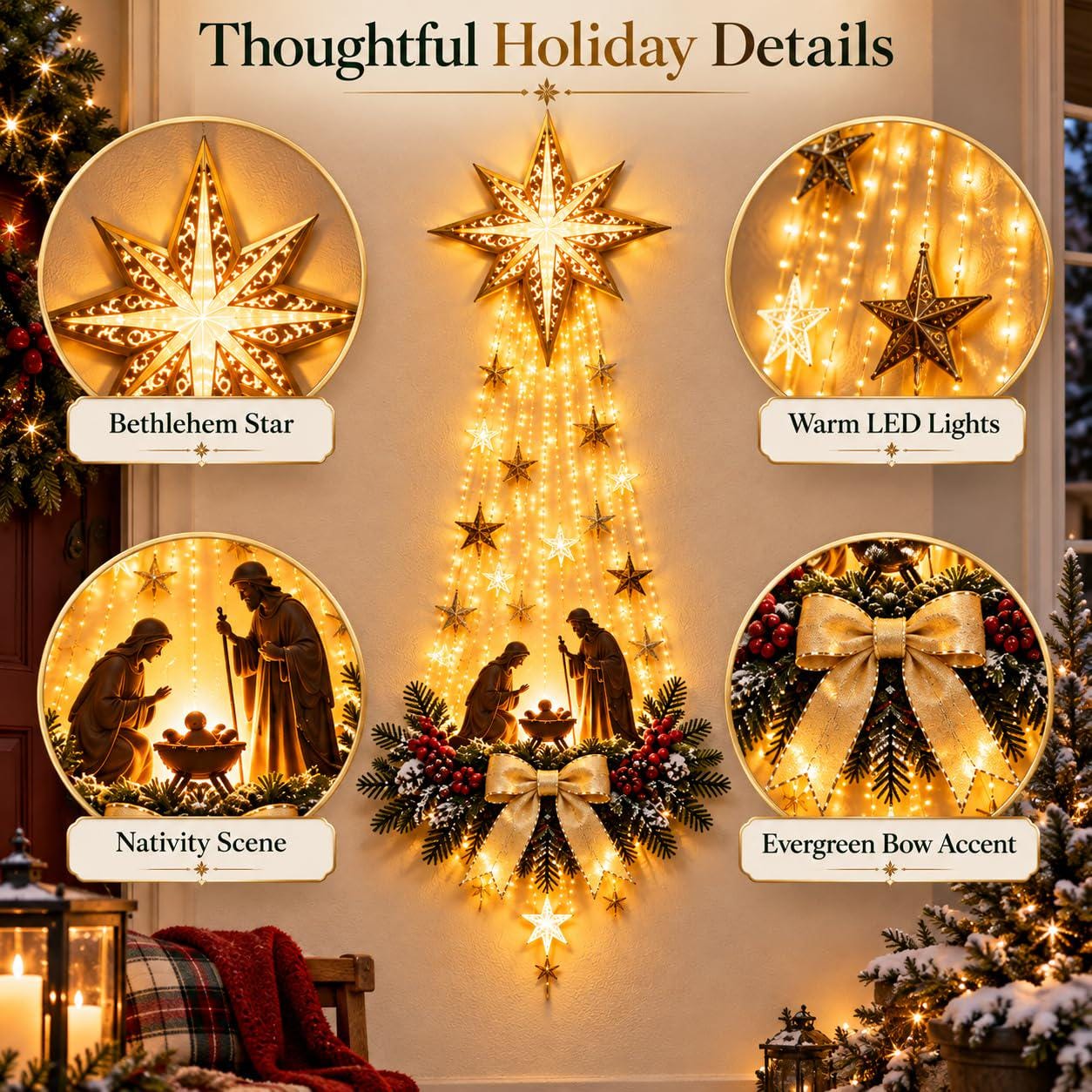 Christmas Nativity Tree Wall Hanging Light – Illuminated Angel & Star Holiday Decoration
