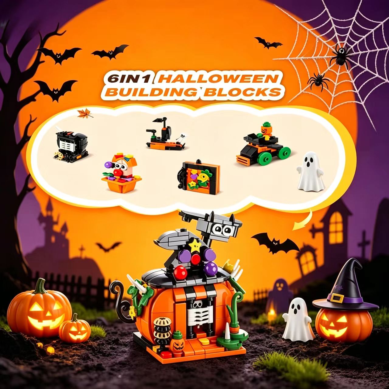 Halloween Building Blocks Set, 24 in 1 Spooky Pumpkin Ghost House Bricks Kit, Creative STEM Construction Toy for Kids, Halloween Party Favors Home Decor Holiday Gift