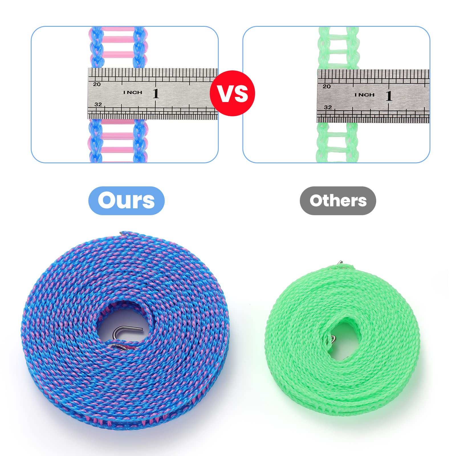 Anti Slip Clothesline Rope with Hooks, Outdoor Laundry Drying Line