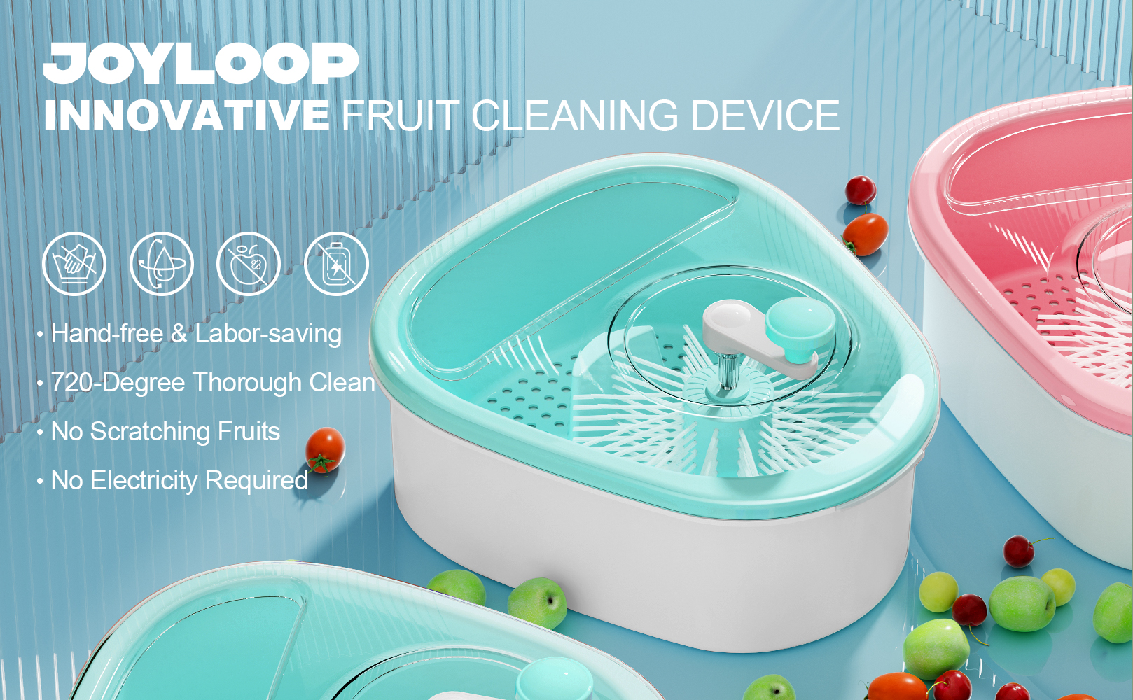 Manual Fruit Vegetable Cleaner, Hands-Free Berry Washing Basket with Labor-Saving Crank, Portable Produce Scrubber for Strawberry Cherry Grape