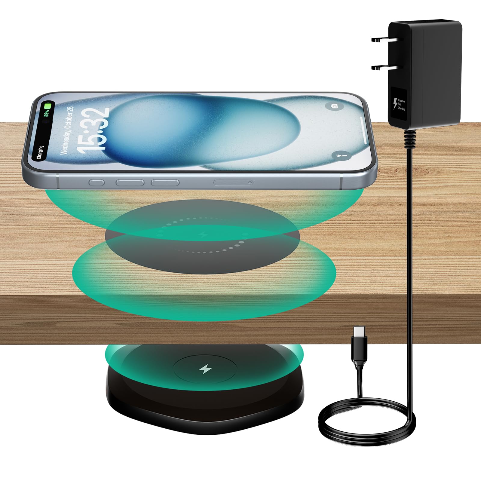 KPON Invisible Wireless Charger,30mm Under Desk Charger Mat, Furniture Table Nightstand Desktop Charging Station for iPhone17/16/15/14