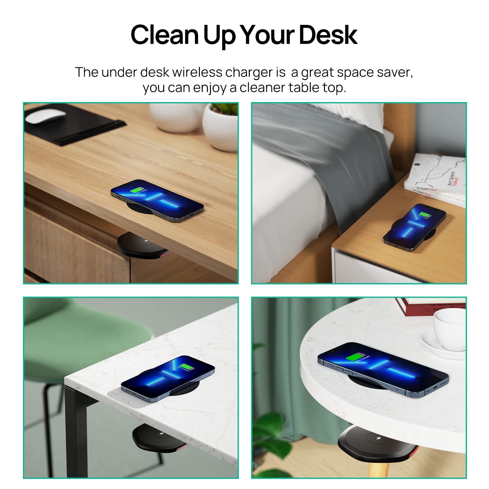 KPON Invisible Wireless Charger,30mm Under Desk Charger Mat, Furniture Table Nightstand Desktop Charging Station for iPhone17/16/15/14