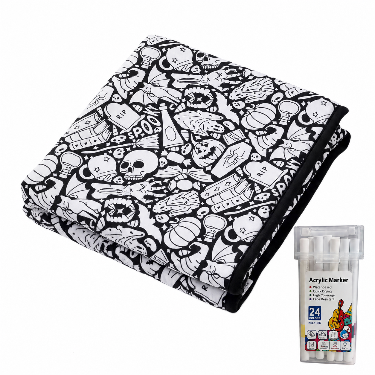 Spooky Halloween DIY Coloring Blanket Kit with 24 Acrylic Paint Markers