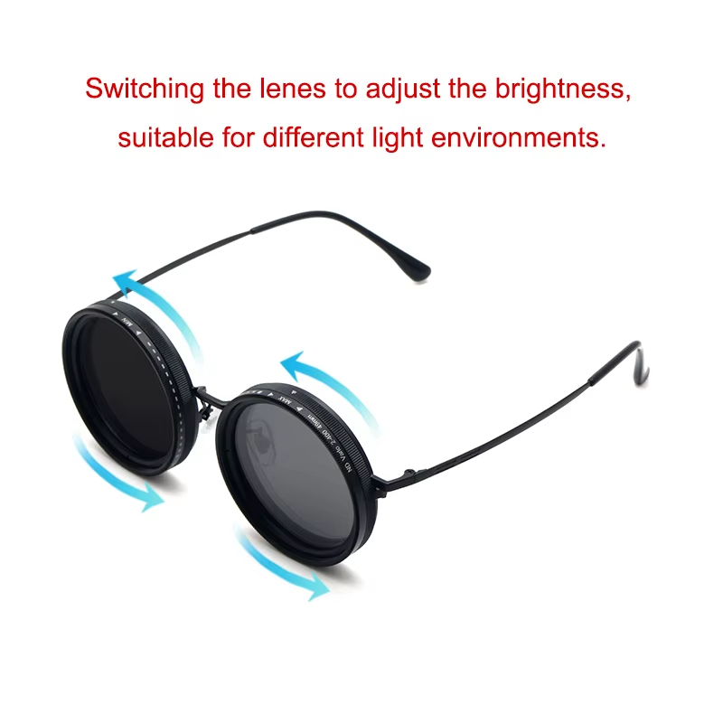 High Quality ND Filter Sunglasses Sunglasses Round Polarized Camera Lens Brightness Adjustable Tint Metal Frame and TAC Lenses
