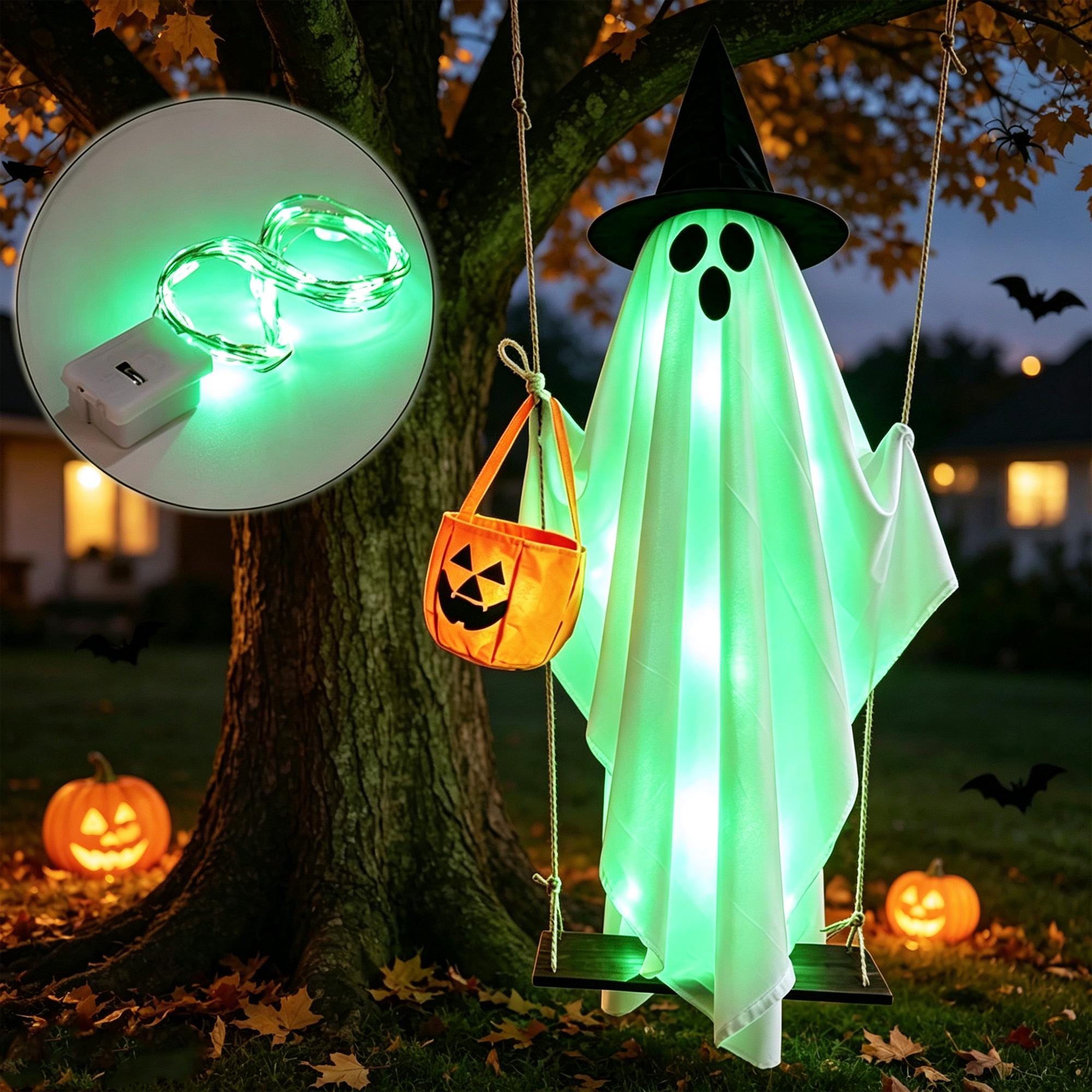 Halloween Swing Ghost Decor with Witch Hat & Pumpkin Candy Bag, Battery Powered Glowing Ghost Hanging Ornament for Yard Porch Party