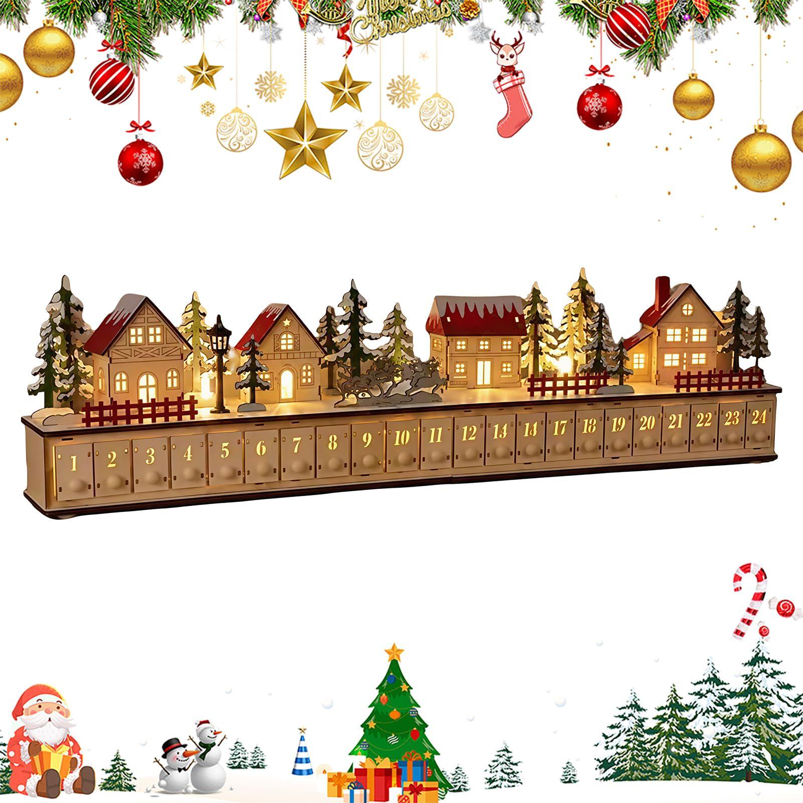 24-Day Christmas Advent Calendar – Wooden Winter Village Countdown Display