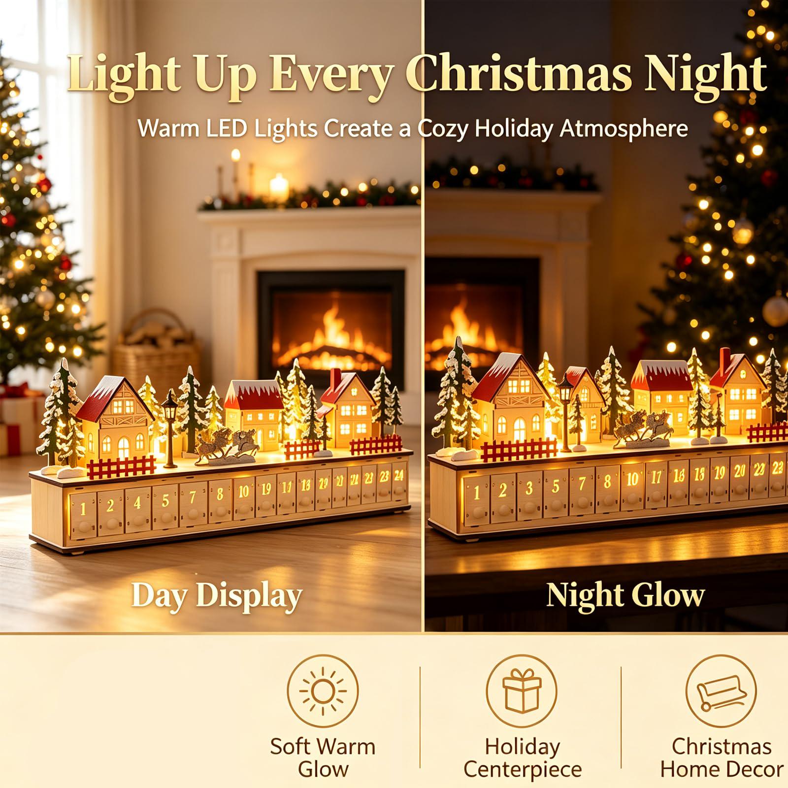 24-Day Christmas Advent Calendar – Wooden Winter Village Countdown Display