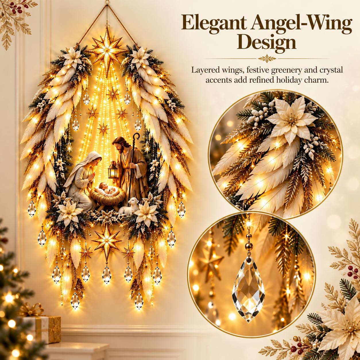 Christmas Nativity Tree Wall Hanging Light – Illuminated Angel & Star Holiday Decoration