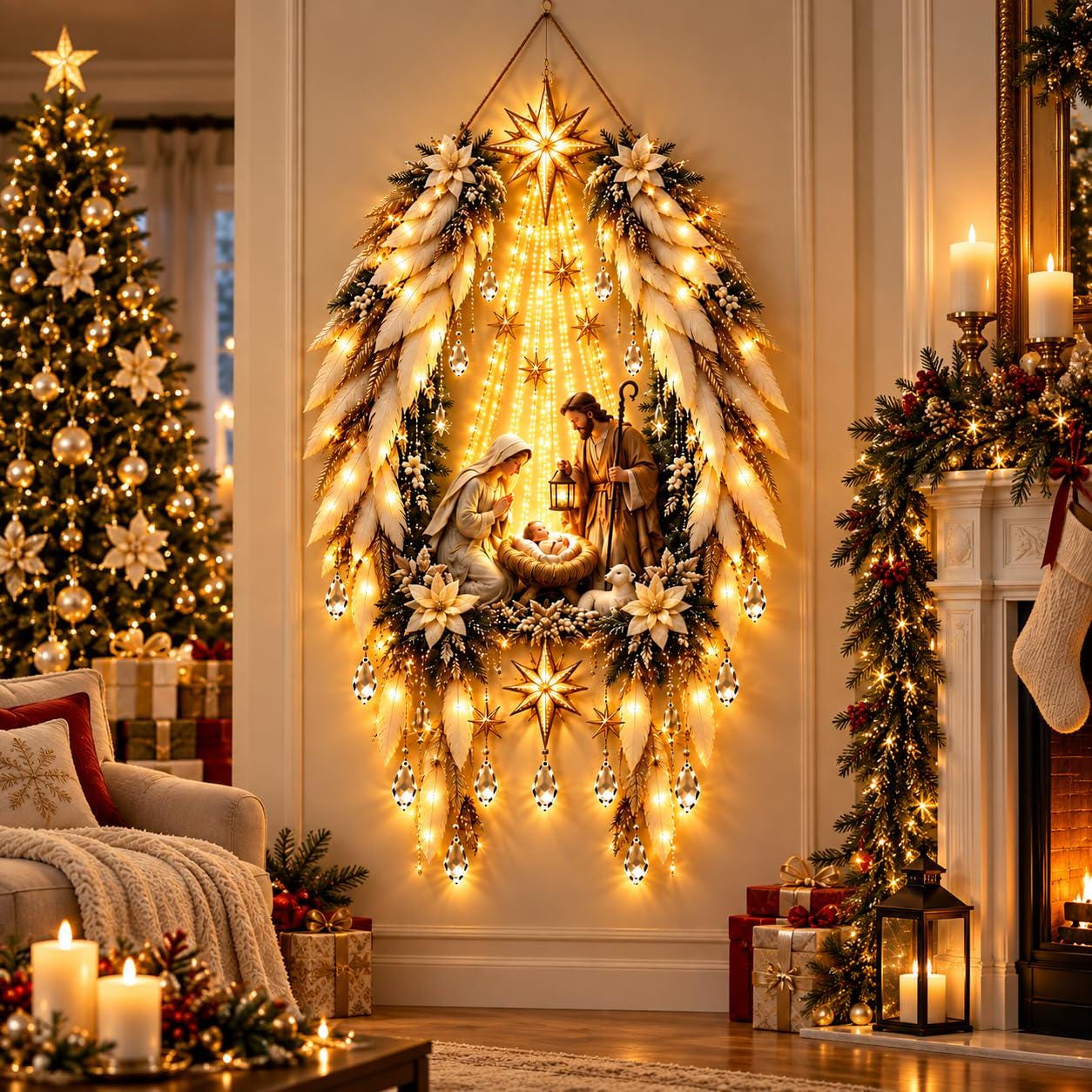 Christmas Nativity Tree Wall Hanging Light – Illuminated Angel & Star Holiday Decoration