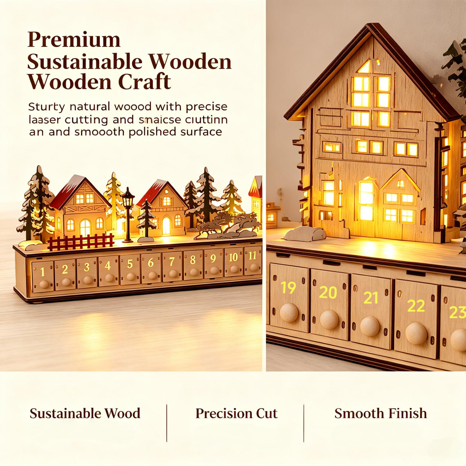 24-Day Christmas Advent Calendar – Wooden Winter Village Countdown Display