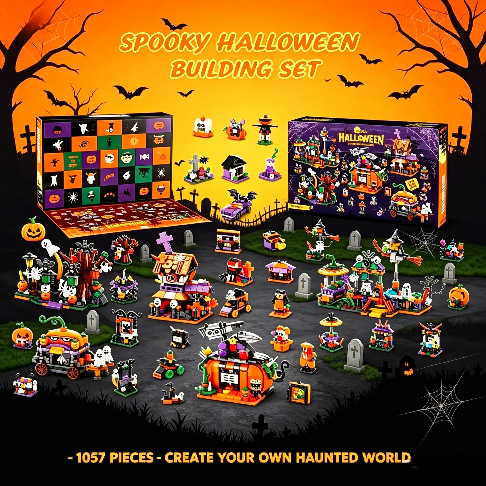 Halloween Building Blocks Set, 24 in 1 Spooky Pumpkin Ghost House Bricks Kit, Creative STEM Construction Toy for Kids, Halloween Party Favors Home Decor Holiday Gift