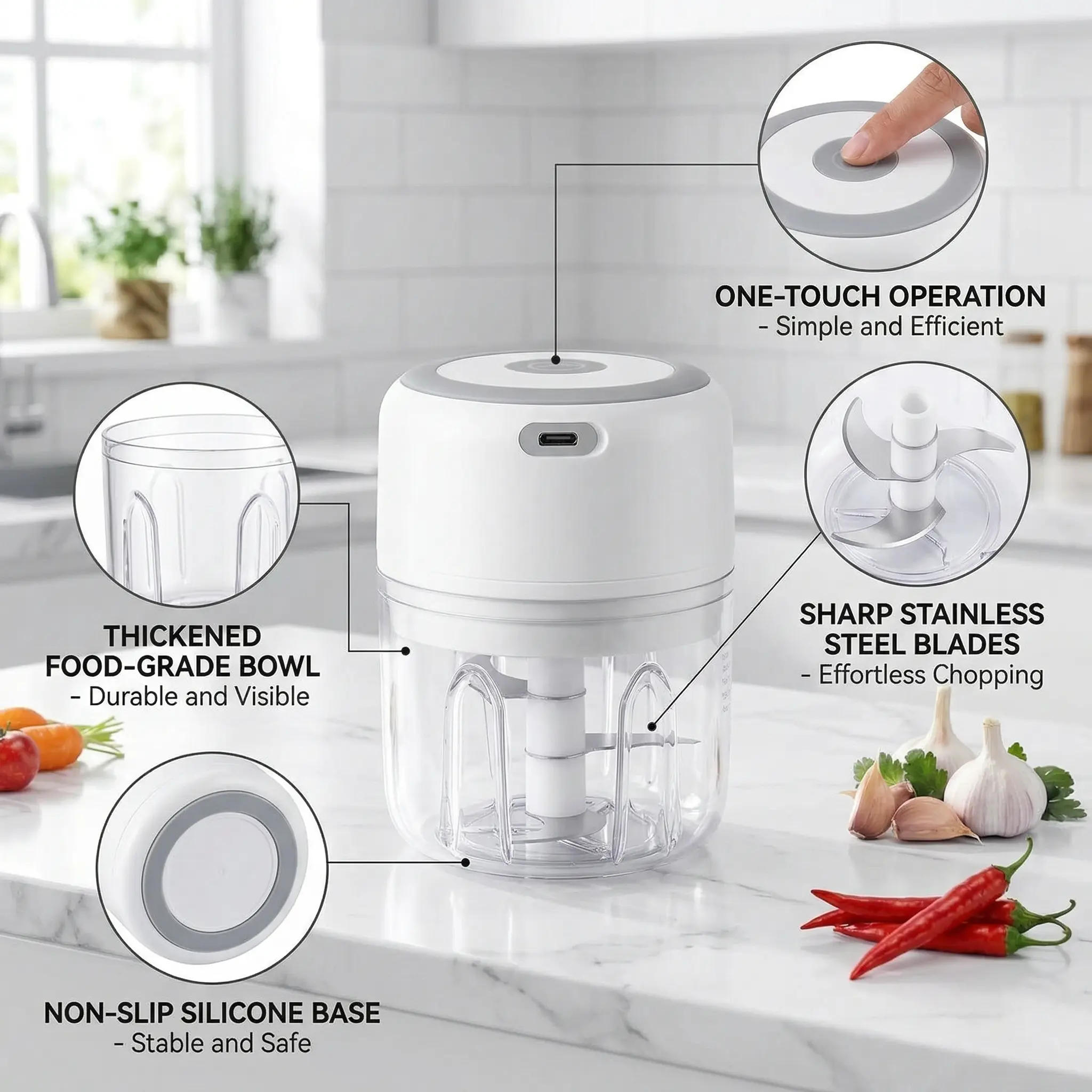 Rechargeable Mini Electric Food Chopper, Multi-Functional Garlic Onion Mincer for Kitchen Prep
