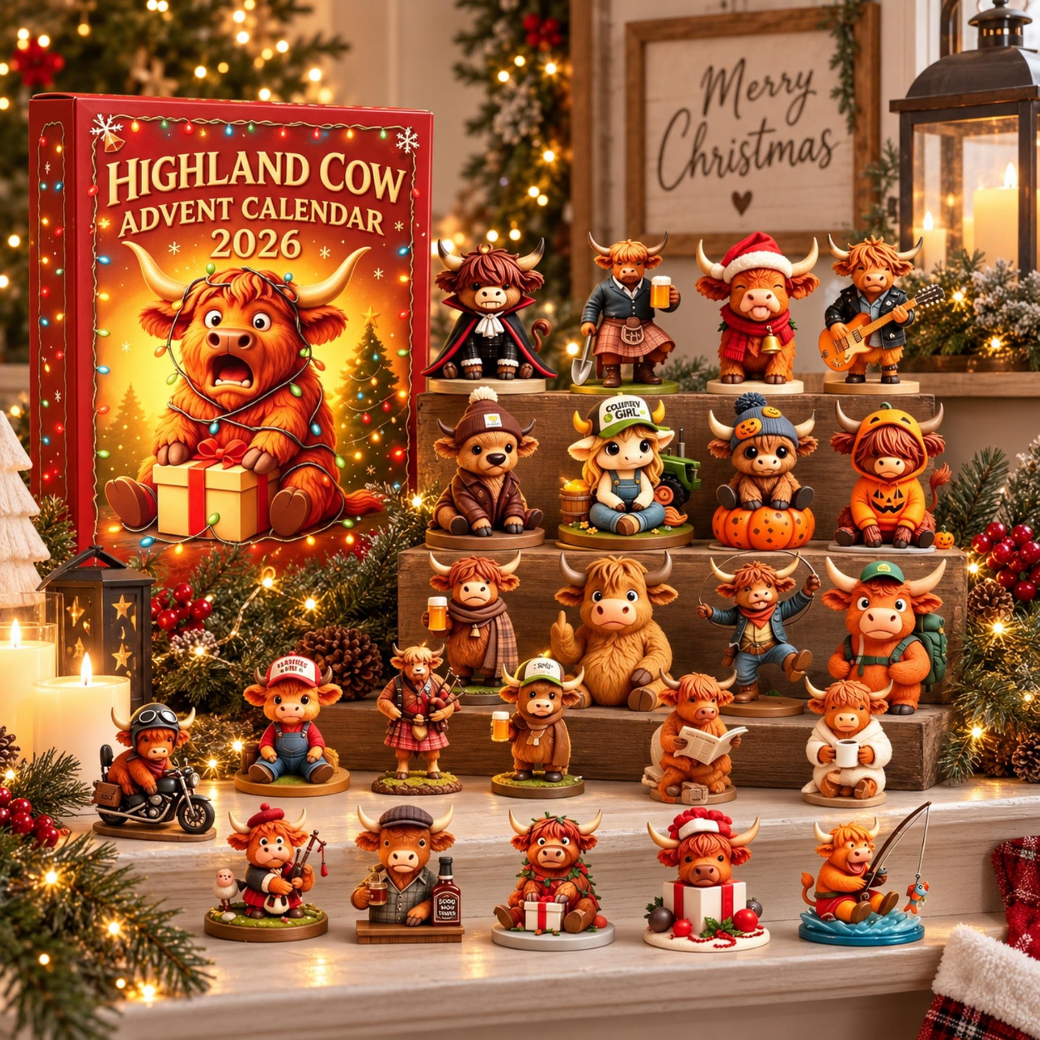 Highland Cow Advent Calendar 2026 – 24 Days of Christmas Mini Figurine Surprises