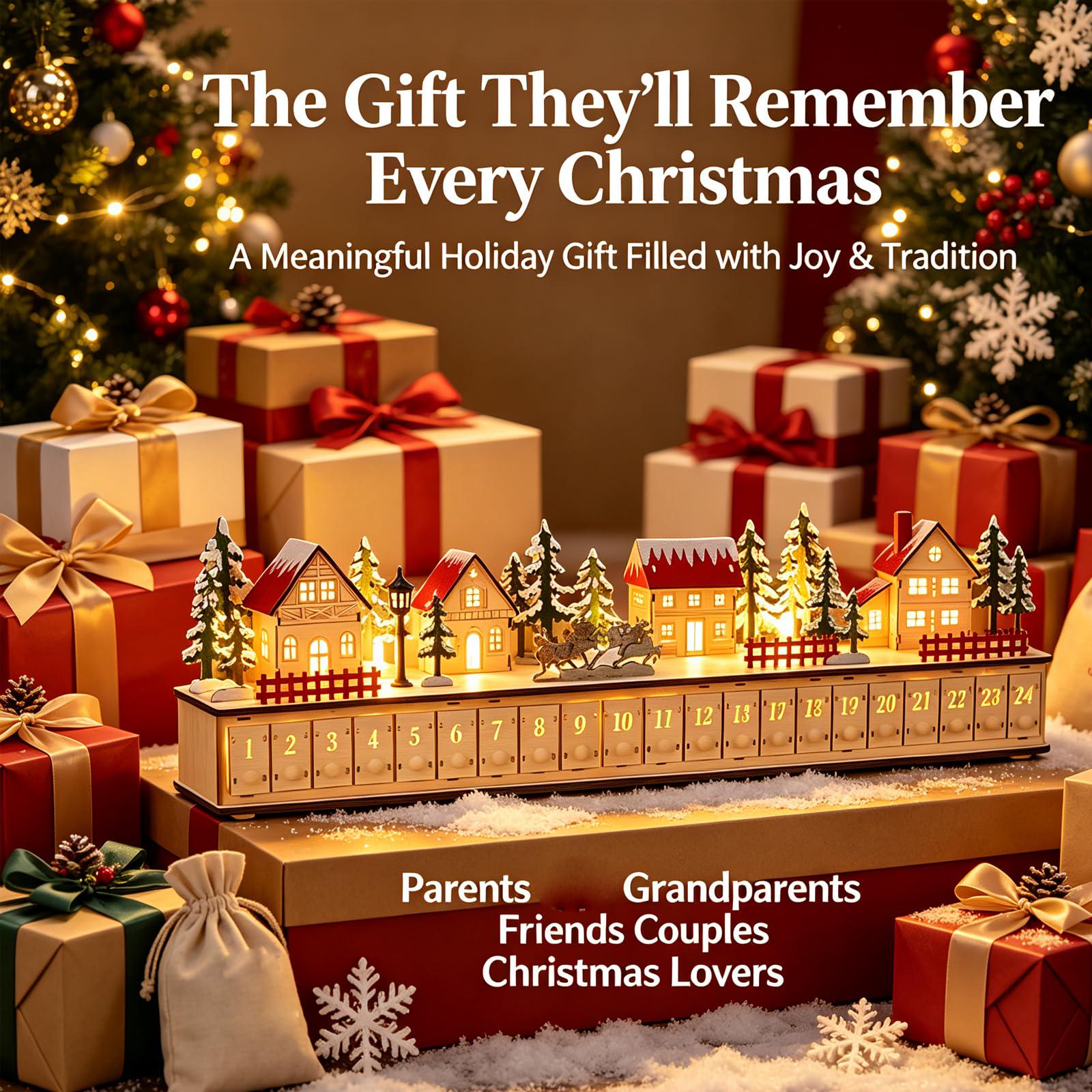 24-Day Christmas Advent Calendar – Wooden Winter Village Countdown Display