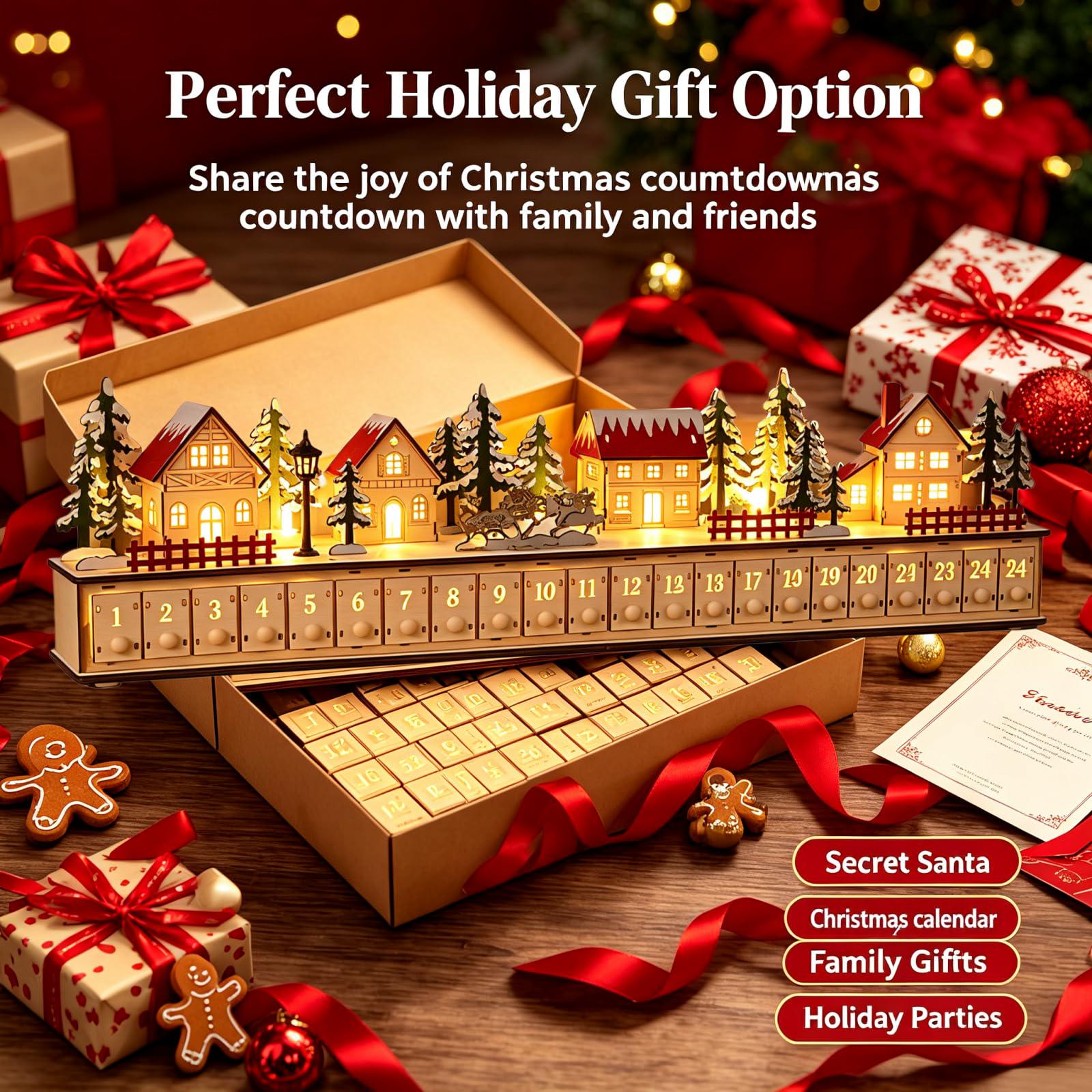 24-Day Christmas Advent Calendar – Wooden Winter Village Countdown Display