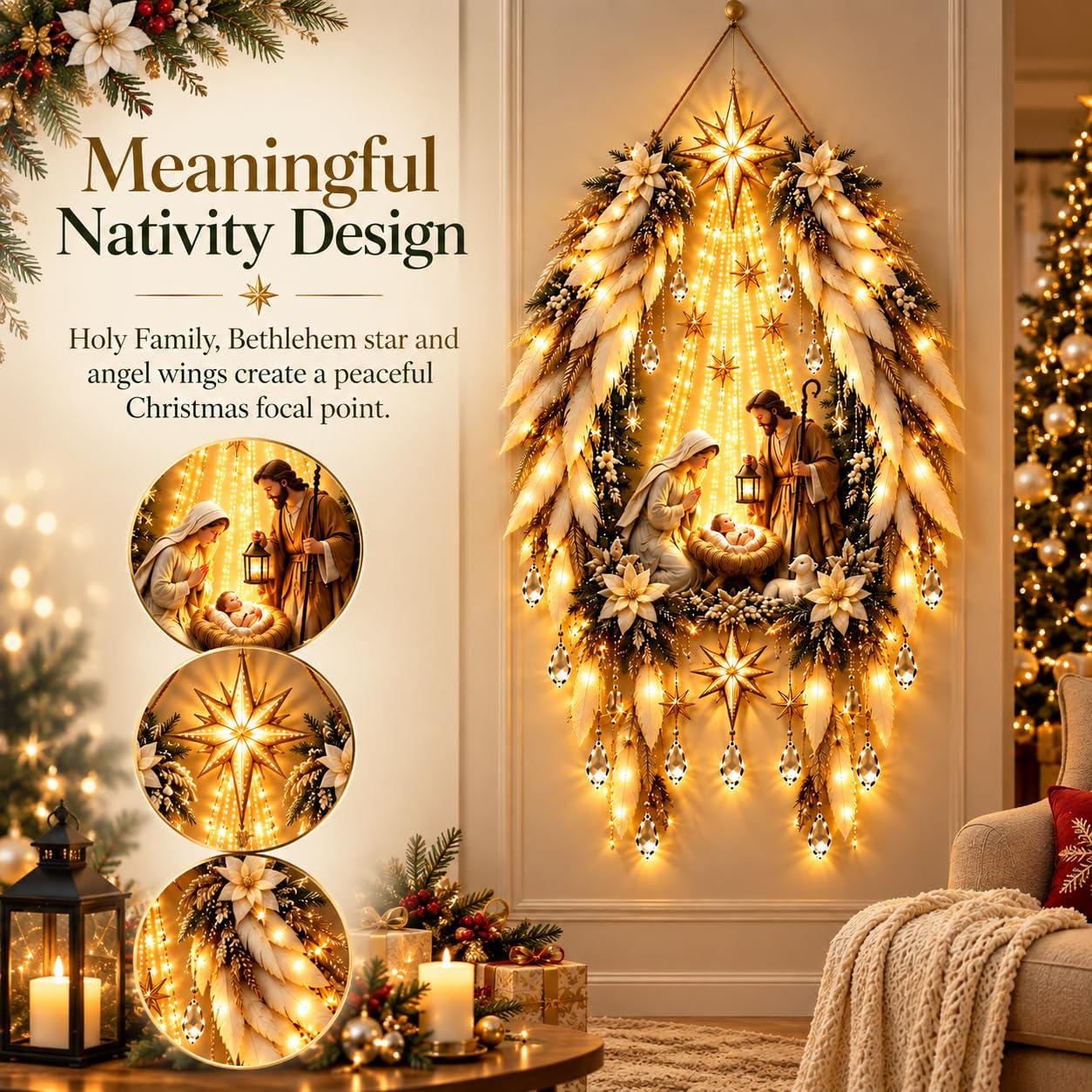 Christmas Nativity Tree Wall Hanging Light – Illuminated Angel & Star Holiday Decoration