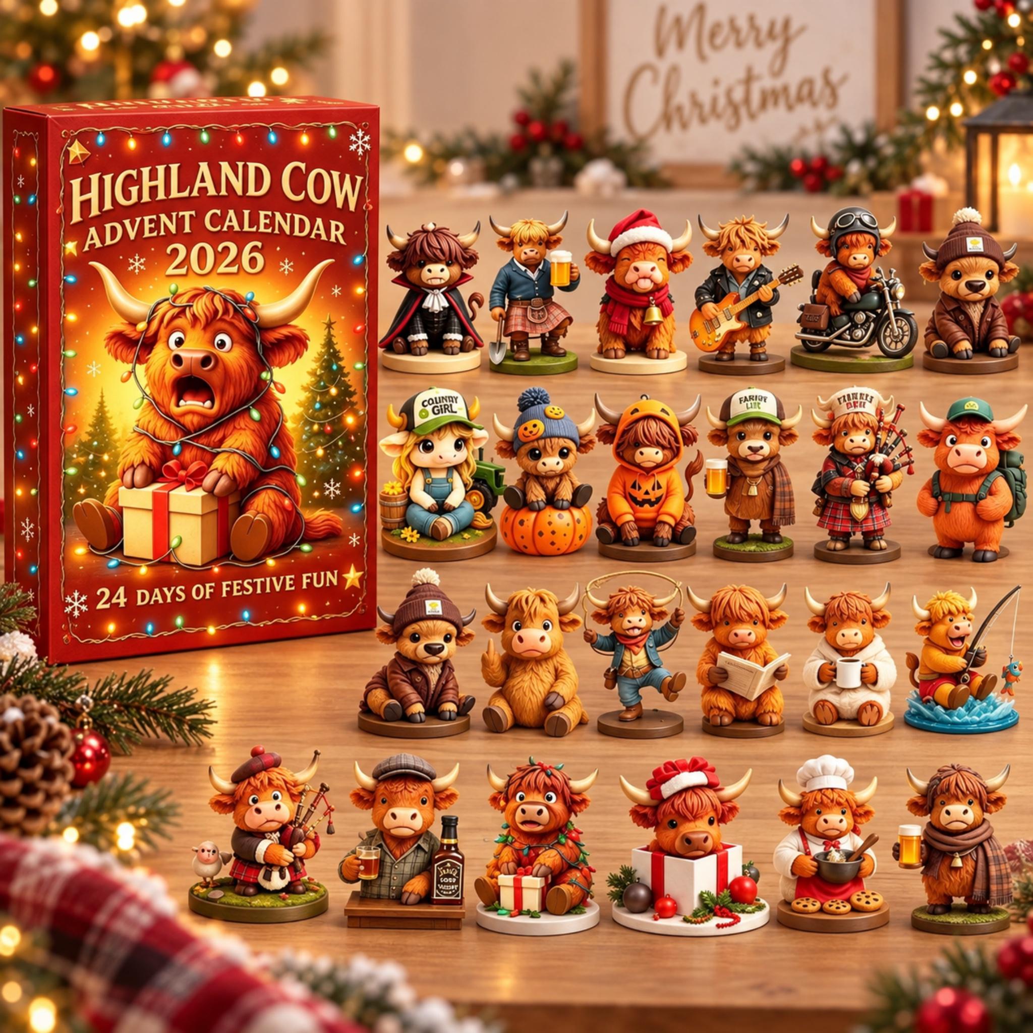 Highland Cow Advent Calendar 2026 – 24 Days of Christmas Mini Figurine Surprises
