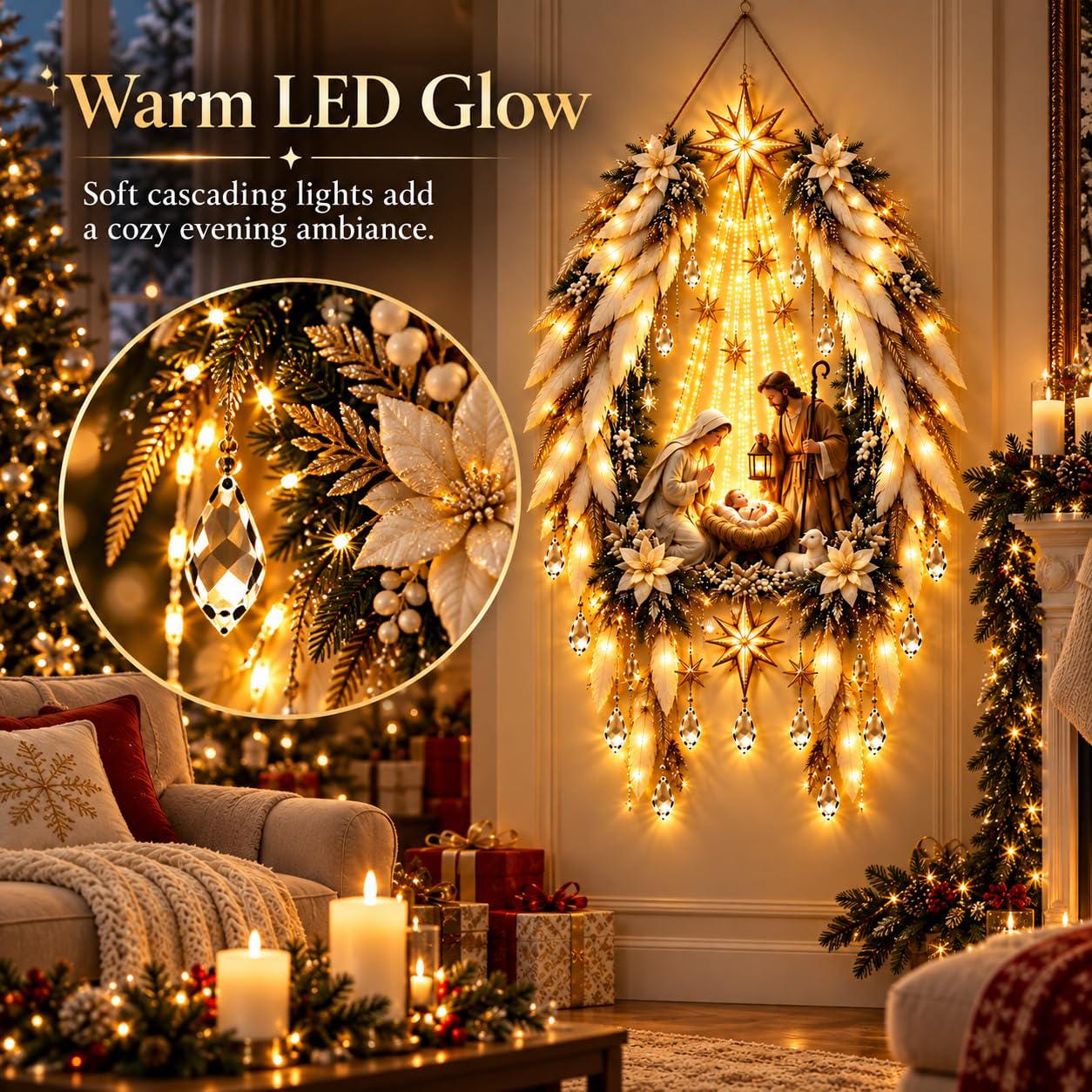 Christmas Nativity Tree Wall Hanging Light – Illuminated Angel & Star Holiday Decoration