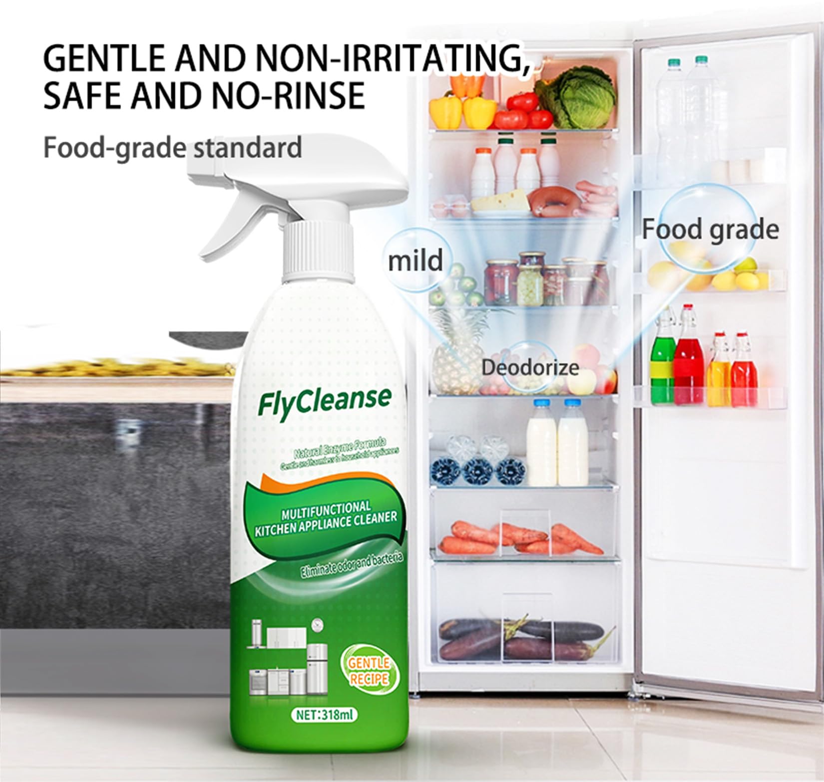 FlyCleanse Natural Enzyme Kitchen Degreaser Spray, Multi‑Purpose Stain & Odor Remover, 318ml