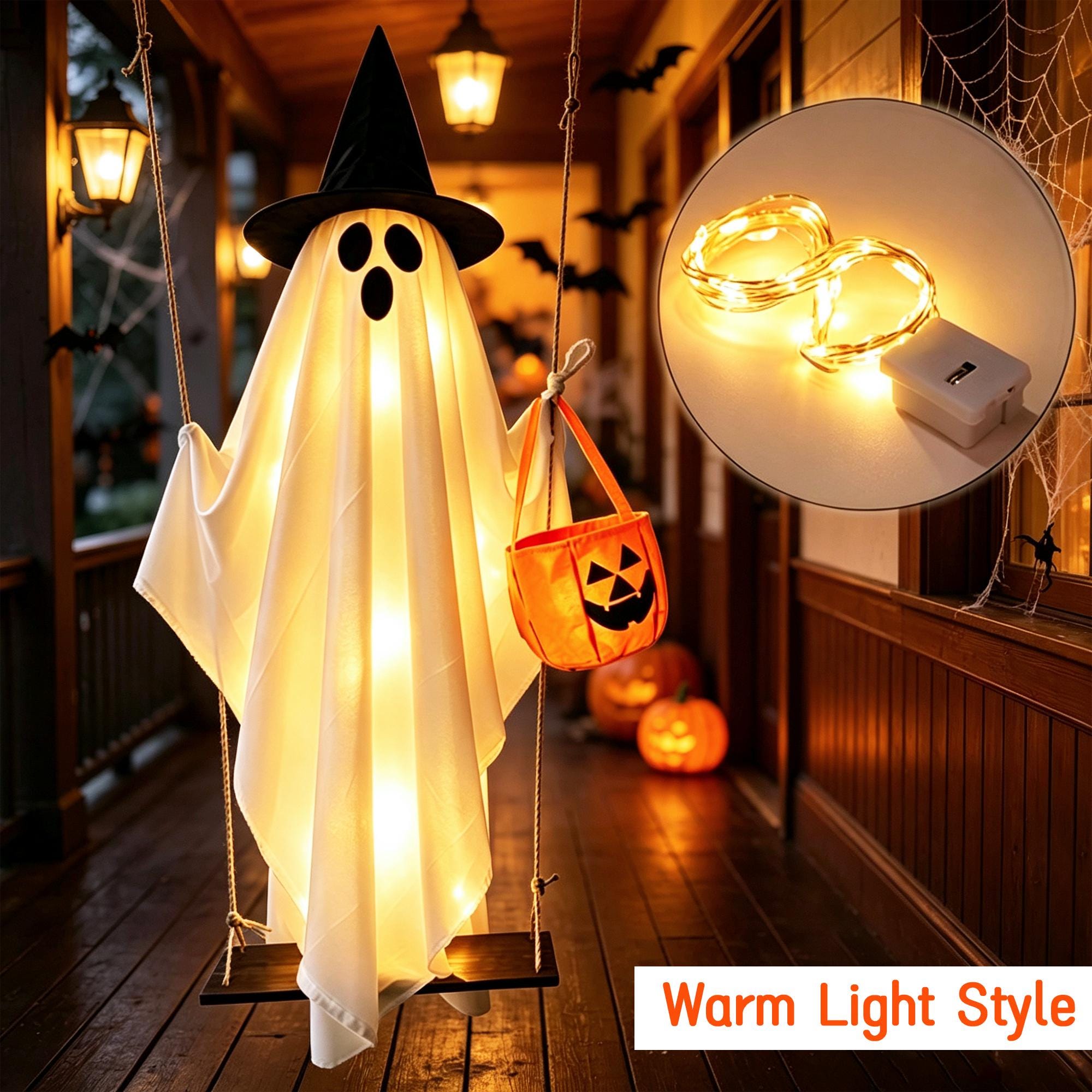 Halloween Swing Ghost Decor with Witch Hat & Pumpkin Candy Bag, Battery Powered Glowing Ghost Hanging Ornament for Yard Porch Party