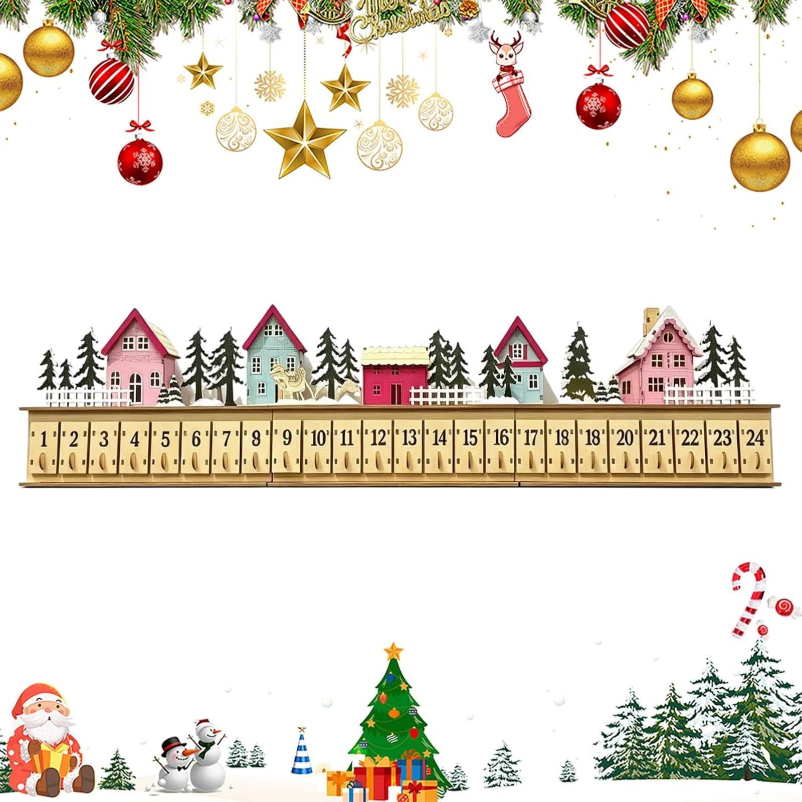 24-Day Christmas Advent Calendar – Wooden Winter Village Countdown Display