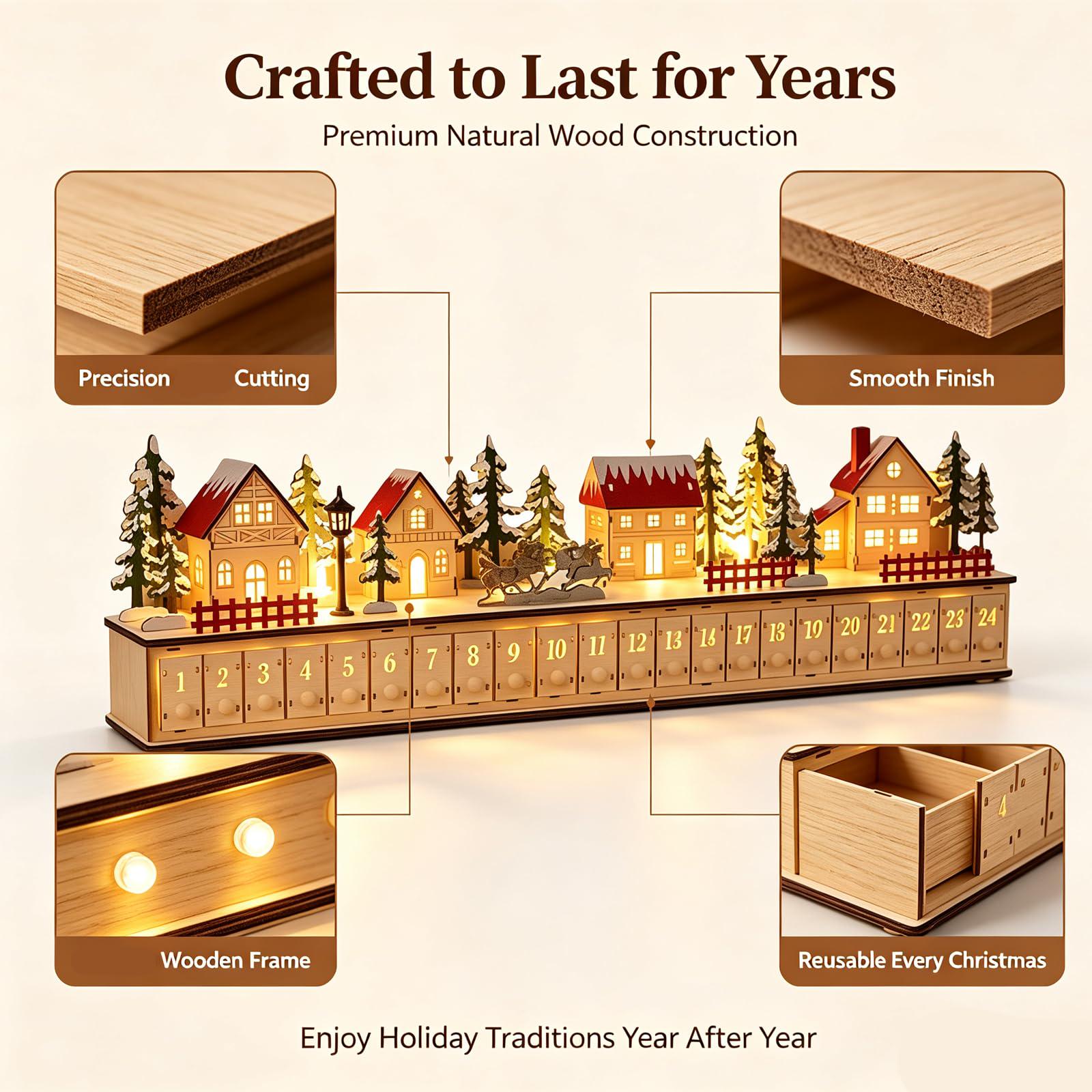 24-Day Christmas Advent Calendar – Wooden Winter Village Countdown Display