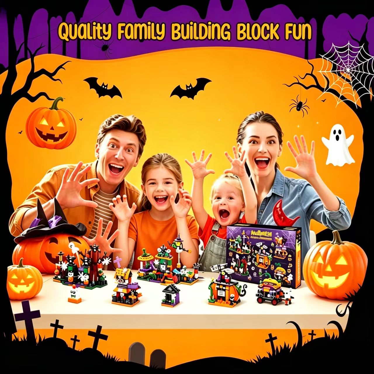 Halloween Building Blocks Set, 24 in 1 Spooky Pumpkin Ghost House Bricks Kit, Creative STEM Construction Toy for Kids, Halloween Party Favors Home Decor Holiday Gift