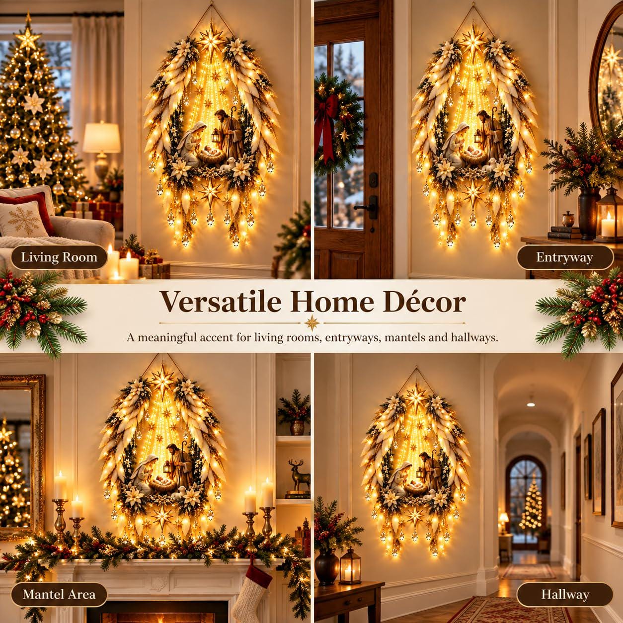 Christmas Nativity Tree Wall Hanging Light – Illuminated Angel & Star Holiday Decoration